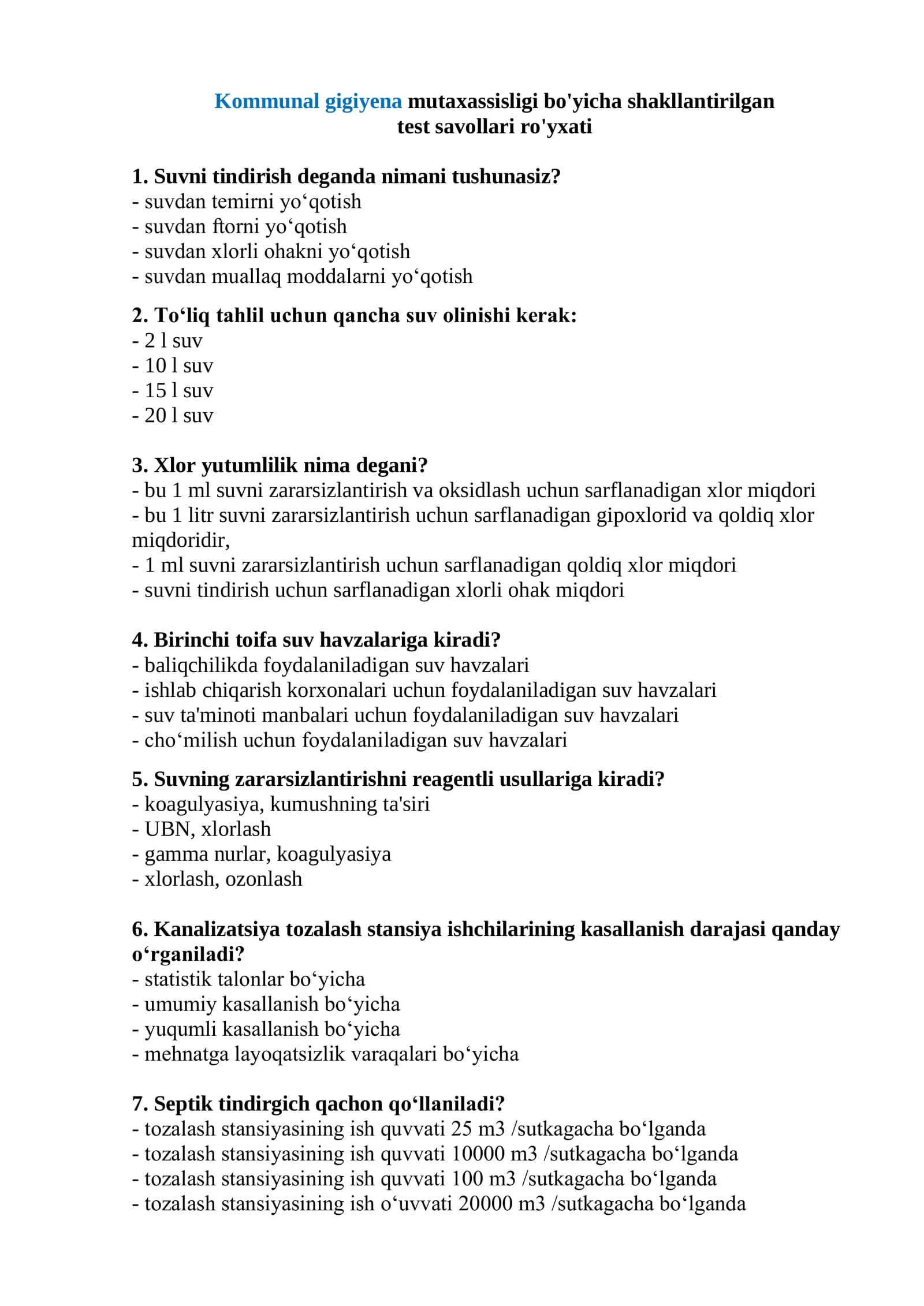 Kommunal gigiyena test savollari 2026