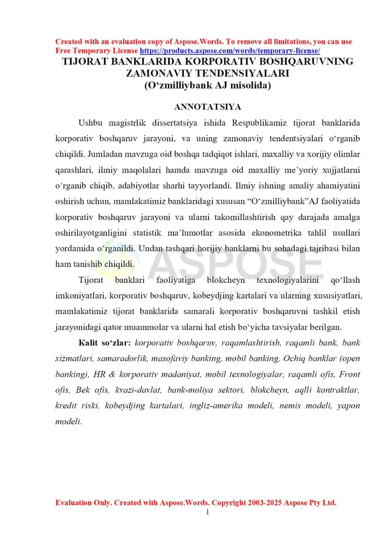 TIJORAT BANKLARIDA KORPORATIV BOSHQARUVNING ZAMONAVIY TENDENSIYALARI (O‘zmilliybank AJ misolida)