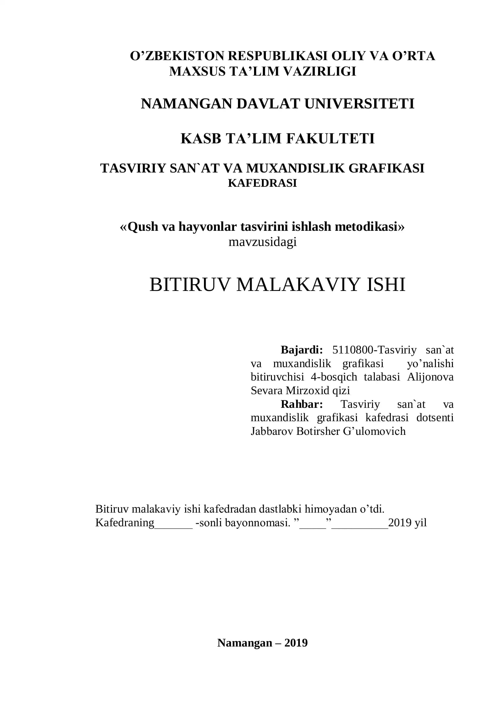 Qush va hayvonlar tasvirini ishlash metodikasi