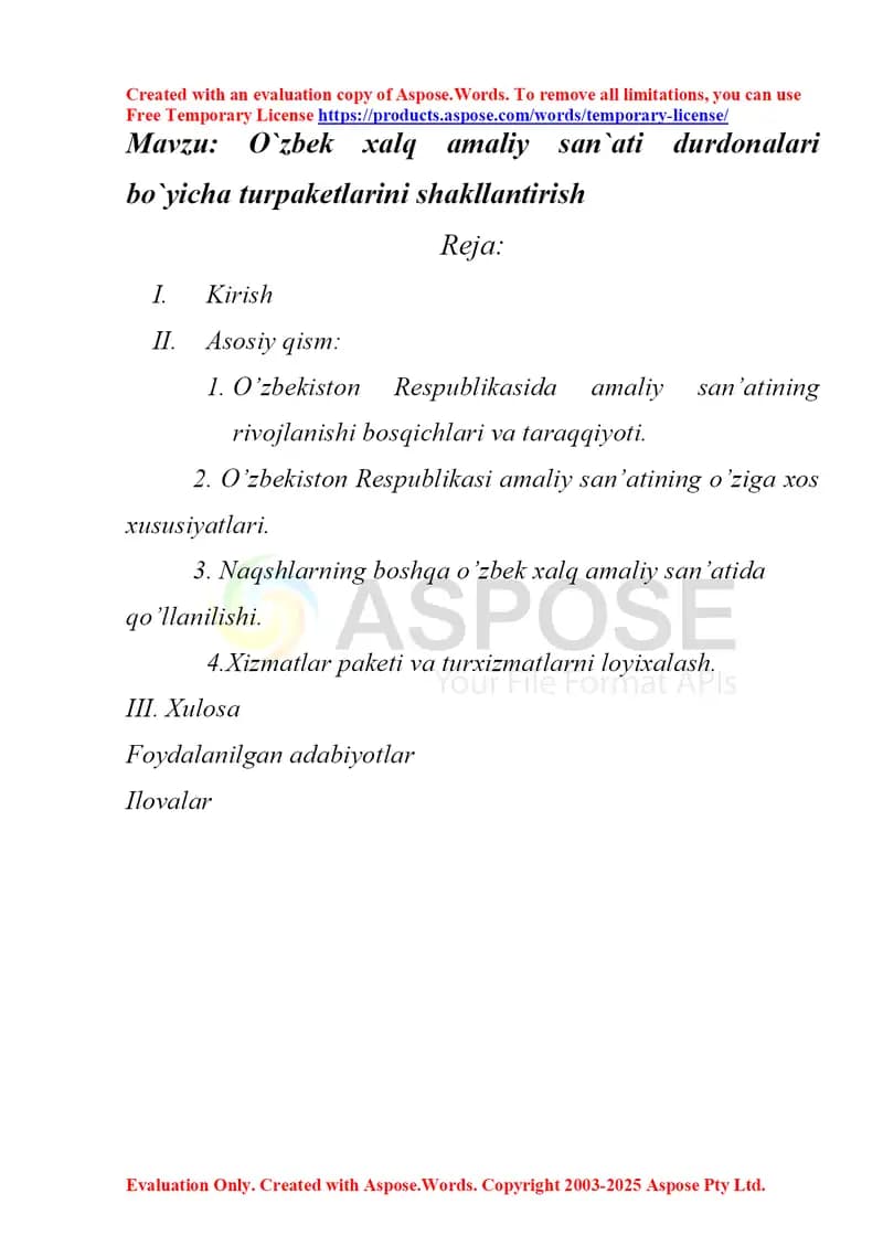 O`zbek xalq amaliy san`ati durdonalari bo`yicha turpaketlarini shakllantirish