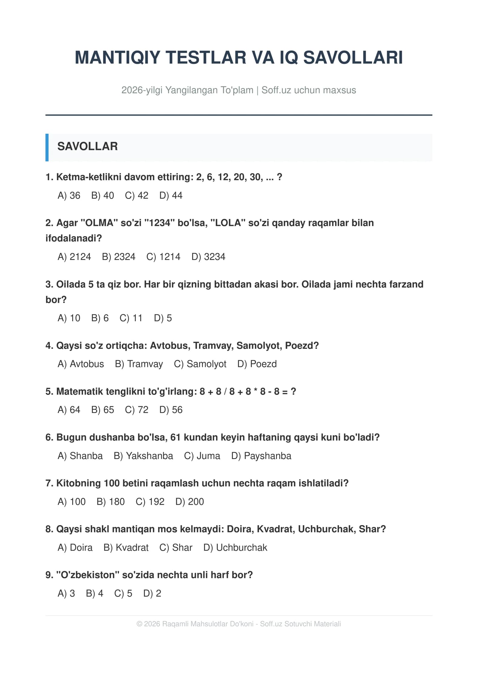 MANTIQIY TESTLAR VA IQ SAVOLLARI