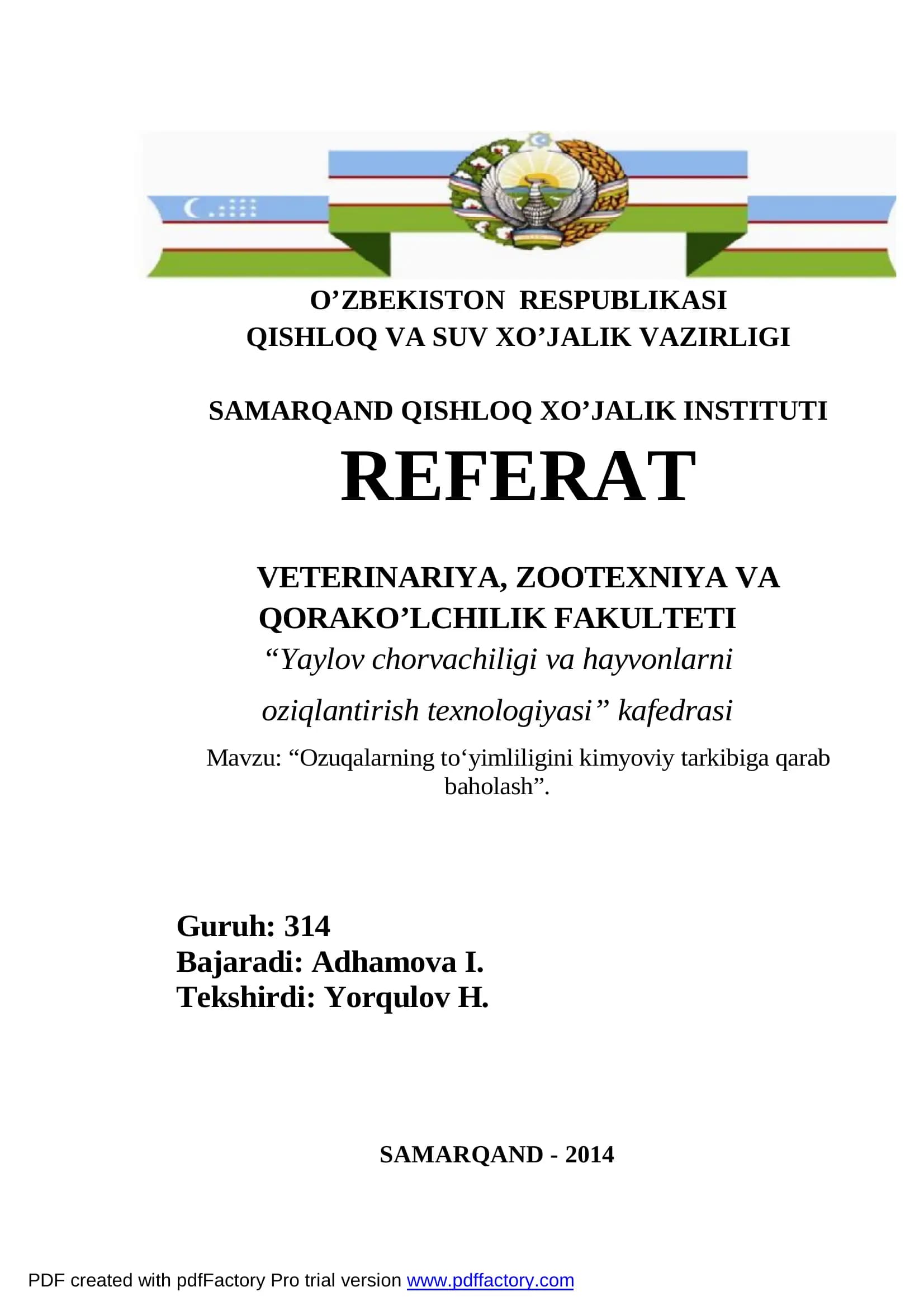 “Ozuqalarning to‘yimliligini kimyoviy tarkibiga qarab