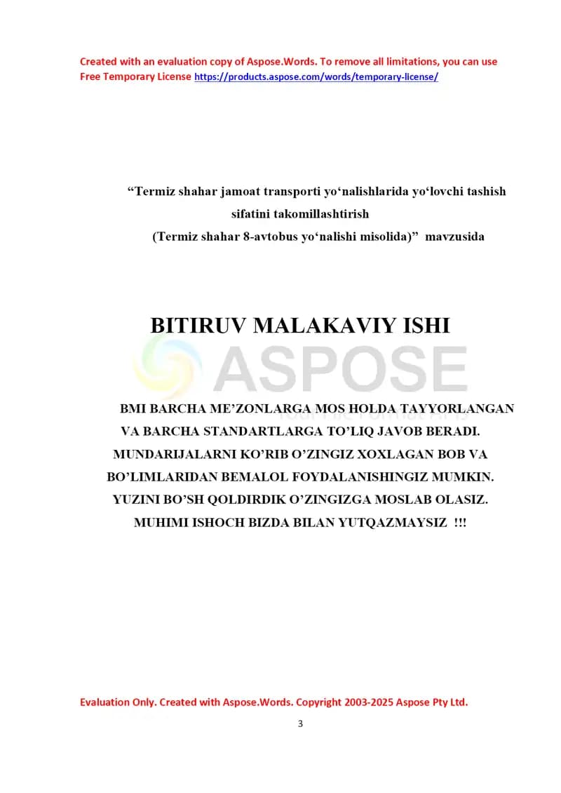 Termiz shahar jamoat transporti yo‘nalishlarida yo‘lovchi tashish sifatini takomillashtirish  (Termiz shahar 8-avtobus yo‘nalishi misolida