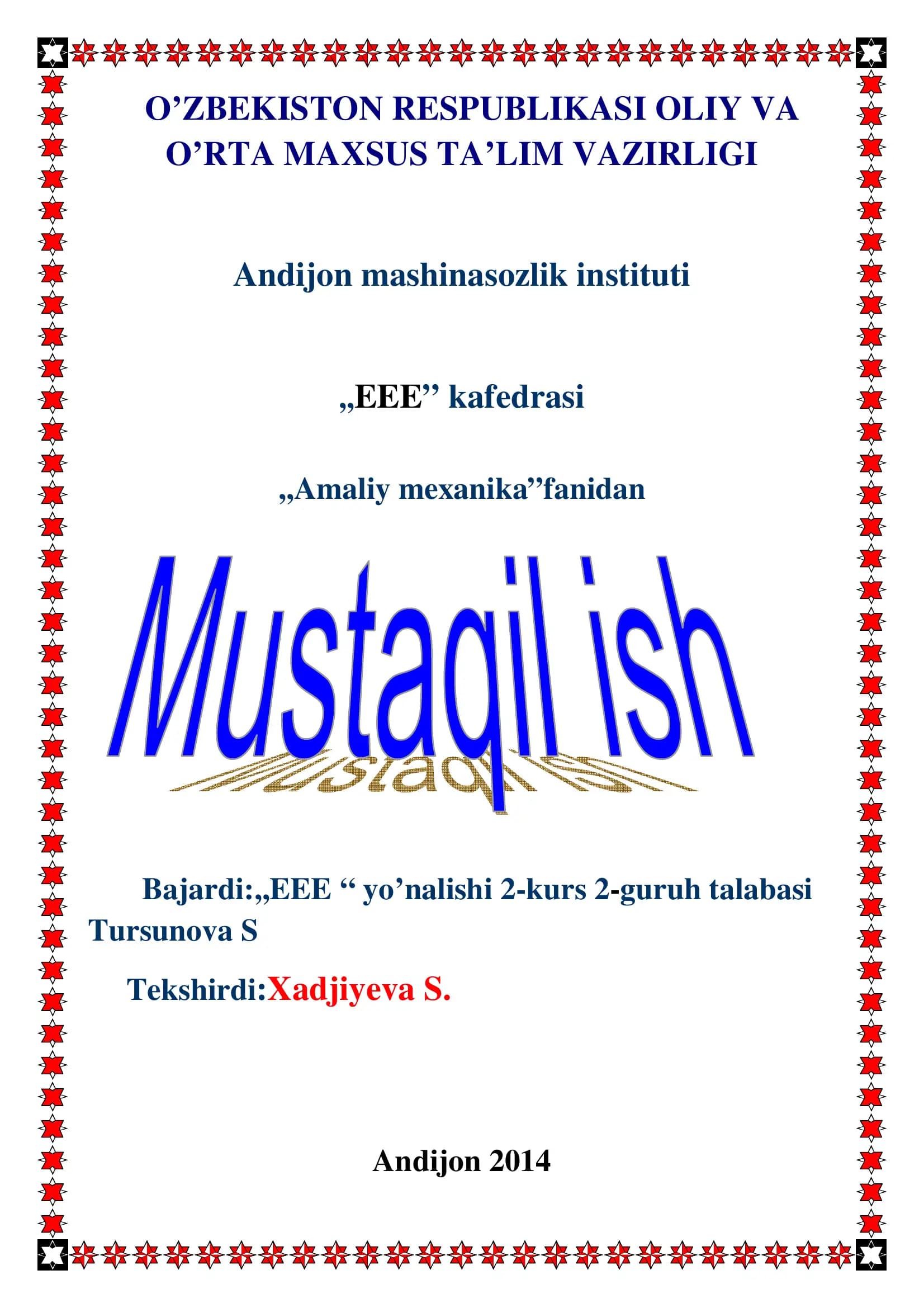 Amaliy mexanika fanidan mustaqil ish mavzulari