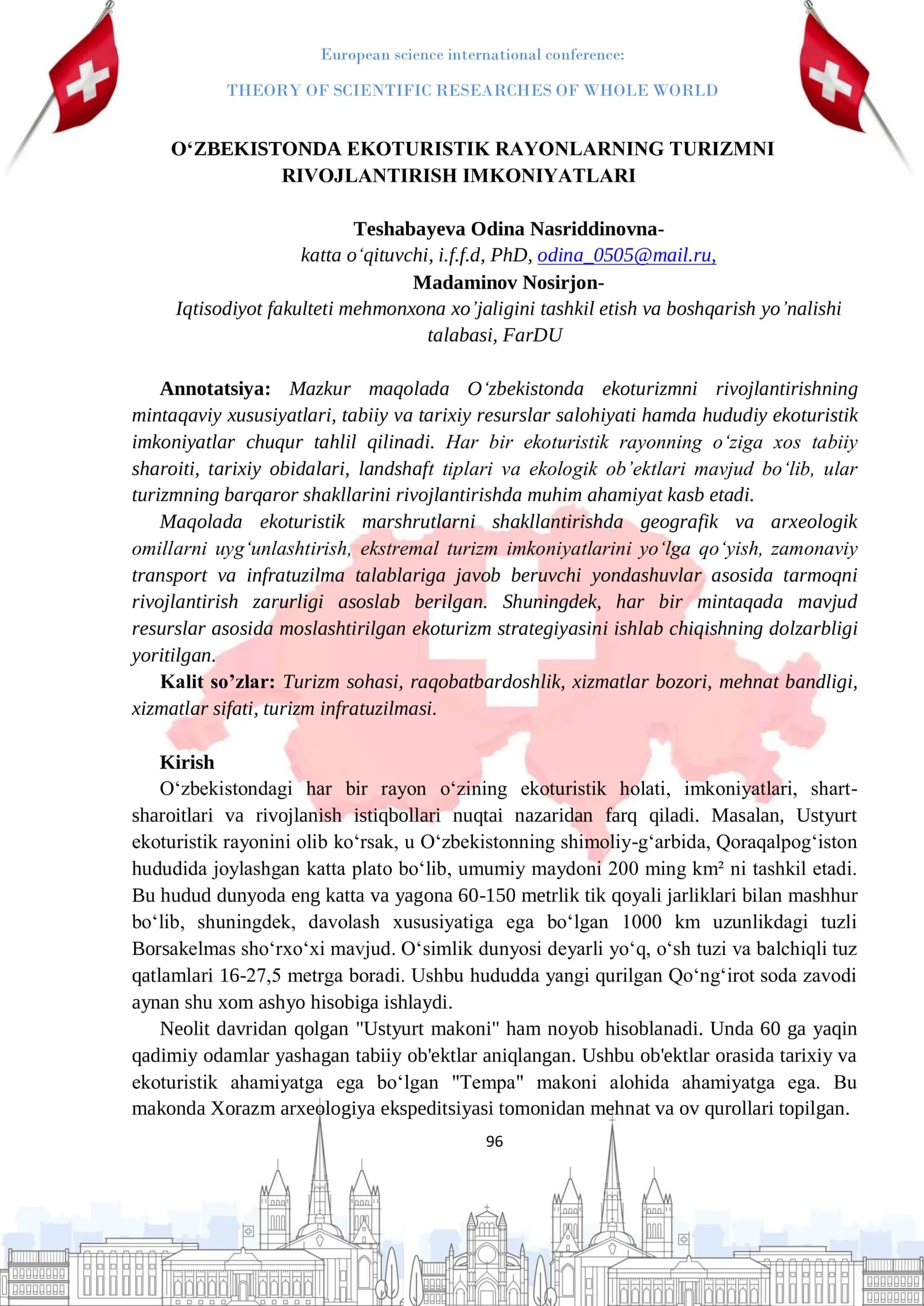O‘ZBEKISTОNDA EKОTURISTIK RАYОNLАRNING TURIZMNI RIVОJLАNTIRISH IMKОNIYАTLАRI