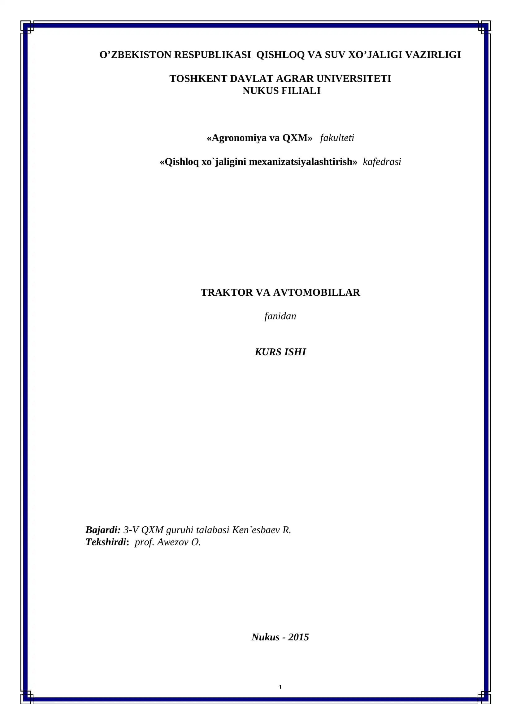 Traktor va Avtomobillar