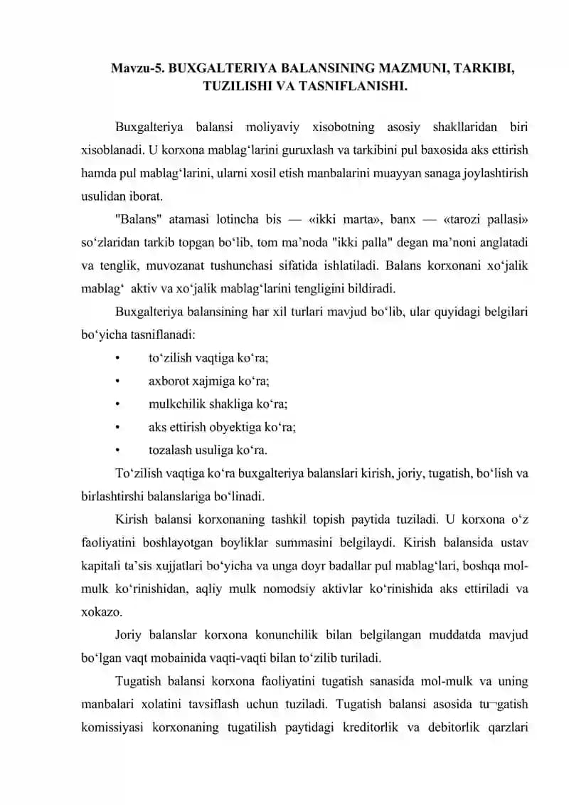 BUXGALTERIYA BALANSINING MAZMUNI, TARKIBI, TUZILISHI VA TASNIFLANISHI