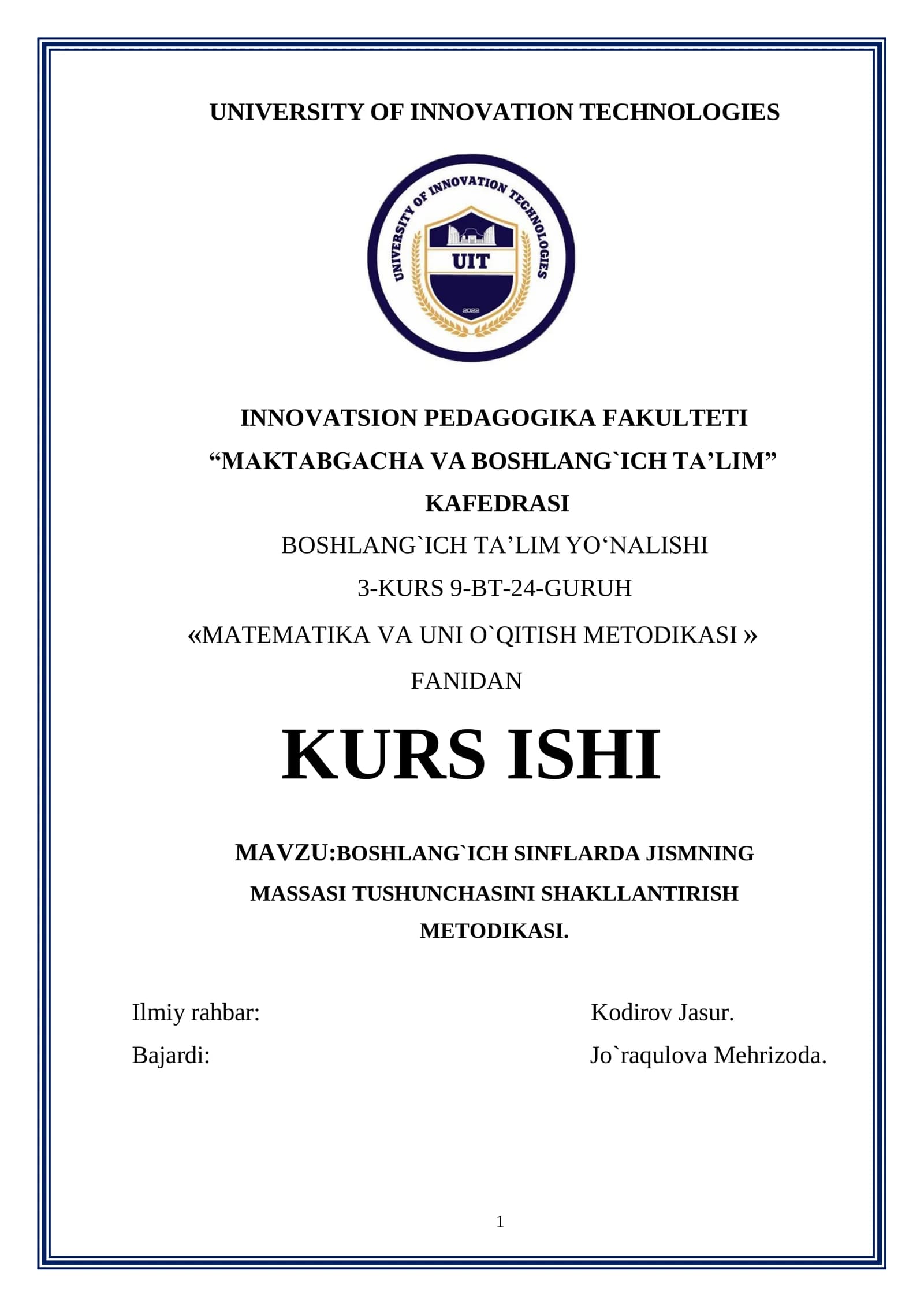 BOSHLANG`ICH SINFLARDA JISMNING 
MASSASI TUSHUNCHASINI SHAKLLANTIRISH 
METODIKASI.
