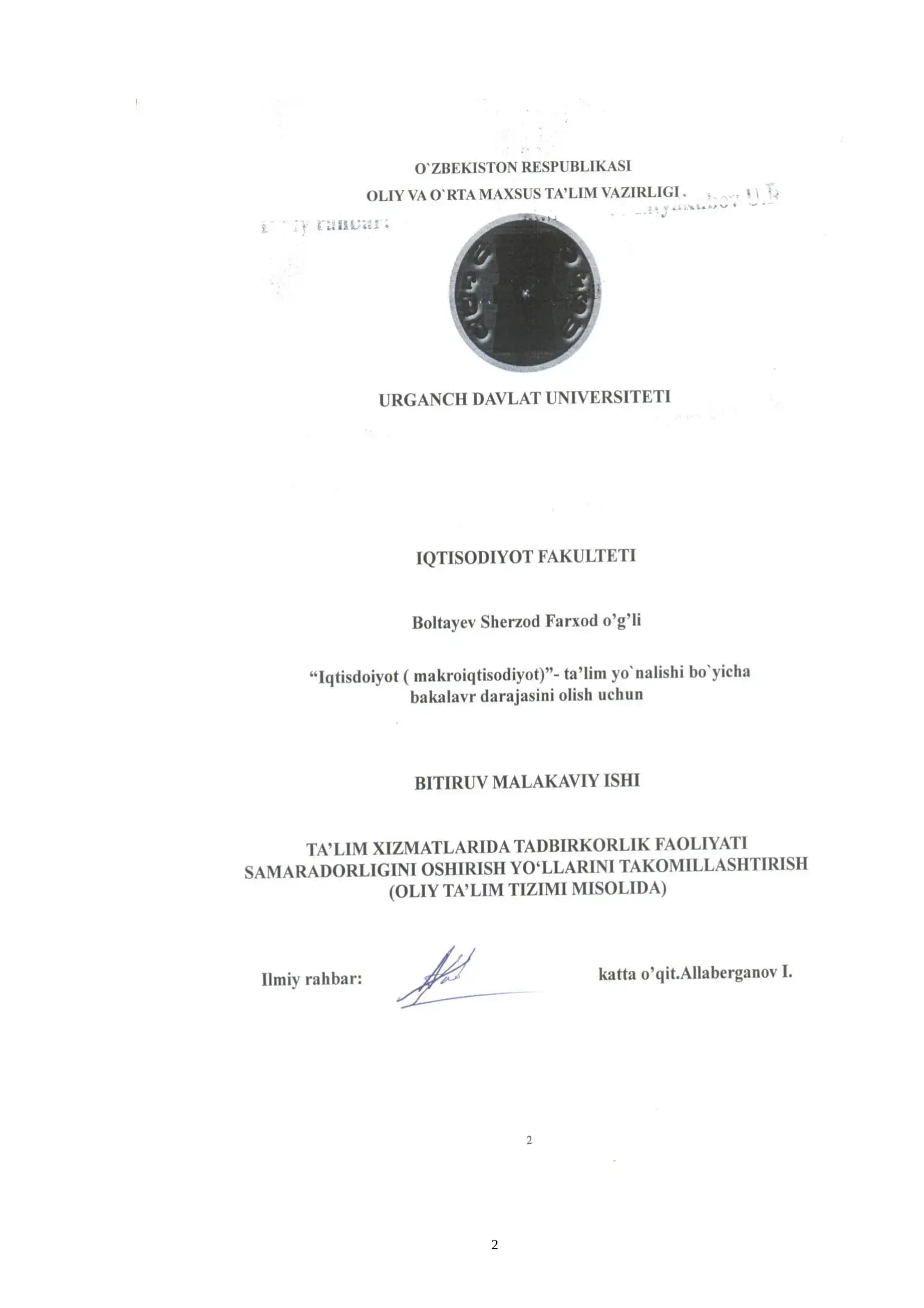 TA’LIM XIZMATLARI TADBIRKORLIK FAOLIYATI SAMARADORLIGINI OSHIRISH