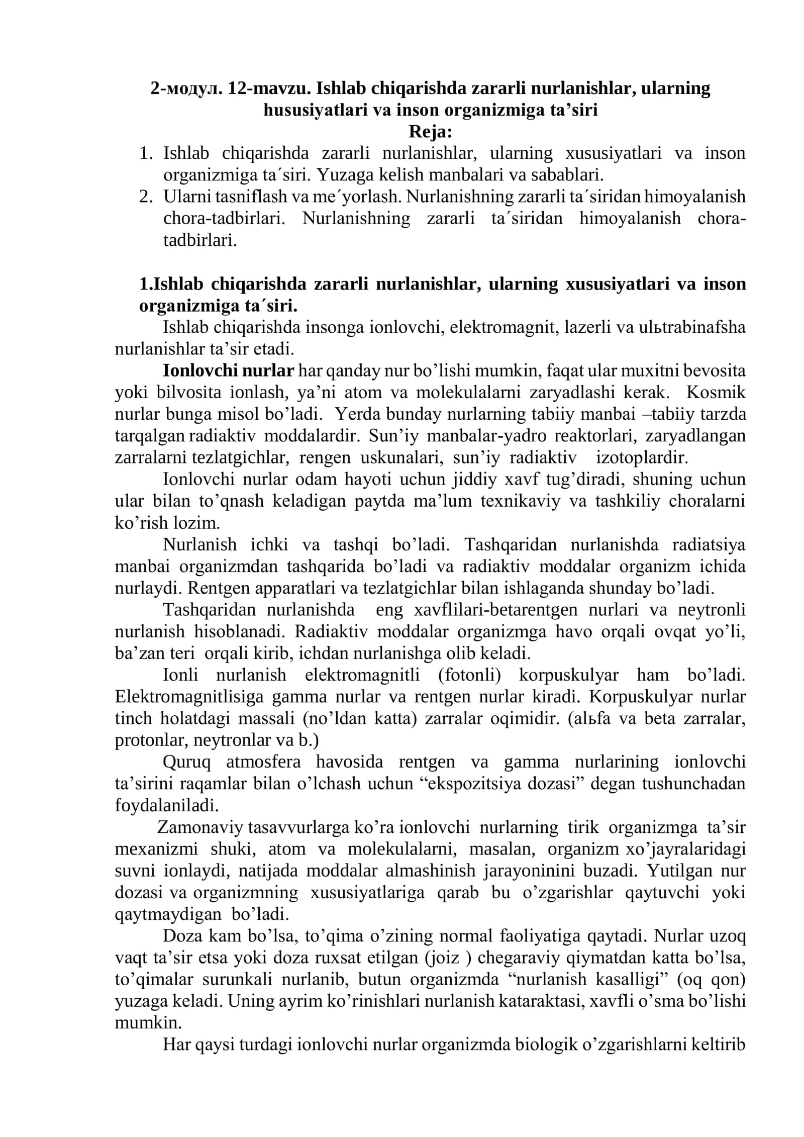 Ishlab chiqarishda zararli nurlanishlar, ularning hususiyatlari va inson organizmiga ta’siri