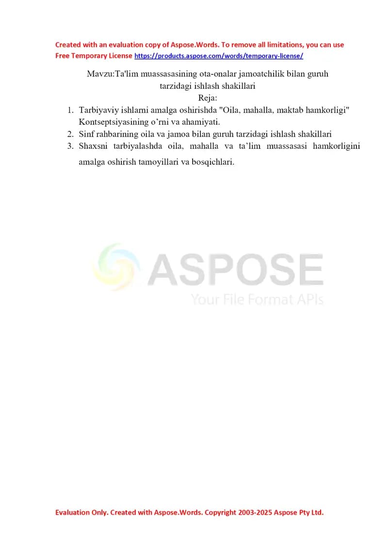 Ta'lim muassasasining ota-onalar jamoatchilik bilan guruh  tarzidagi ishlash shakillari