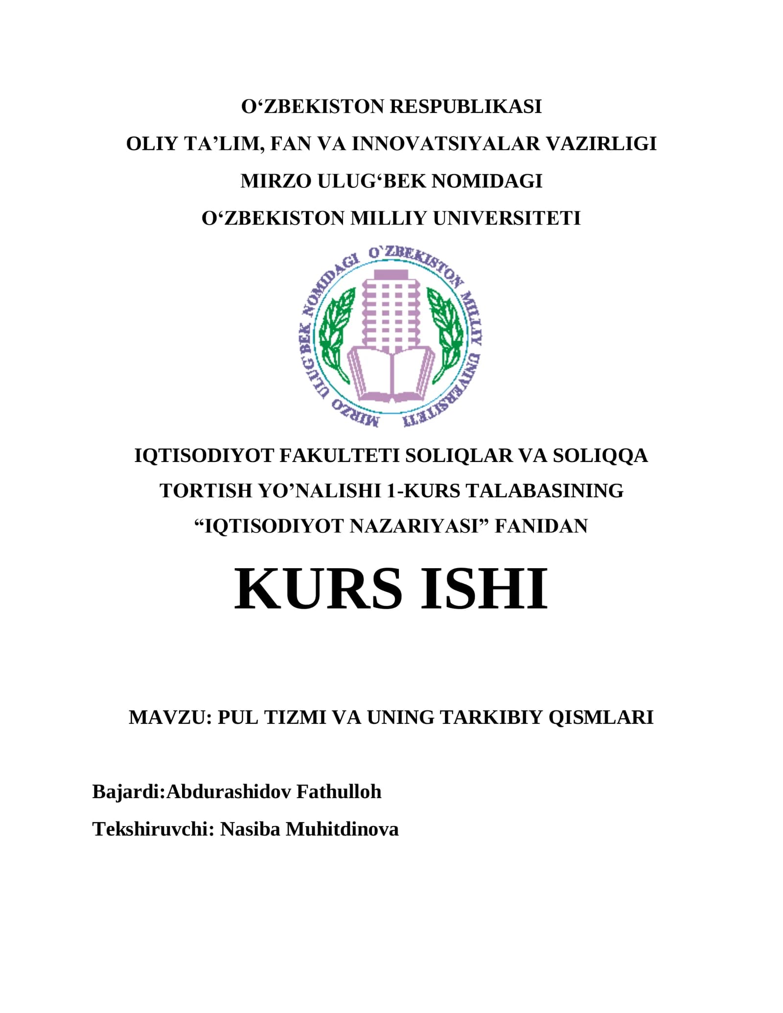 PUL TIZMI VA UNING TARKIBIY QISMLARI