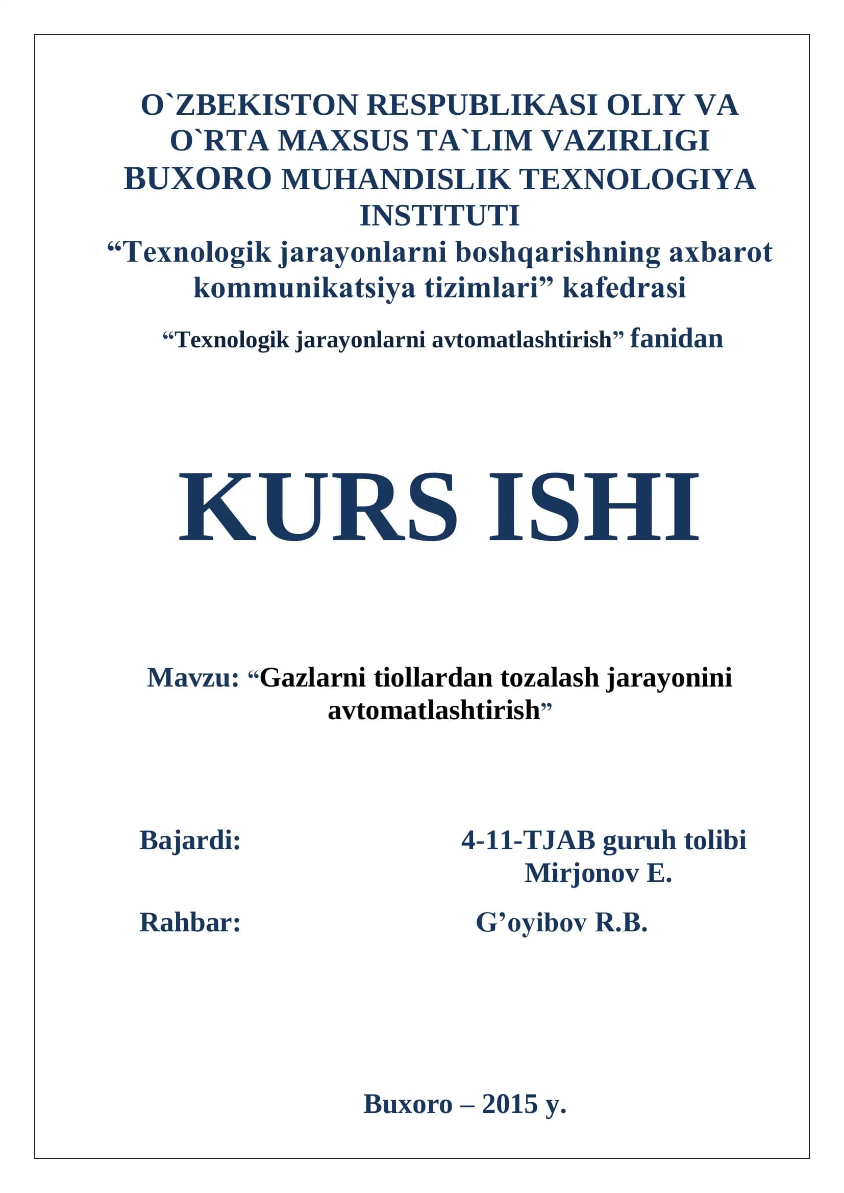 Gazlarni tozalash jarayonini avtomatlashtirish