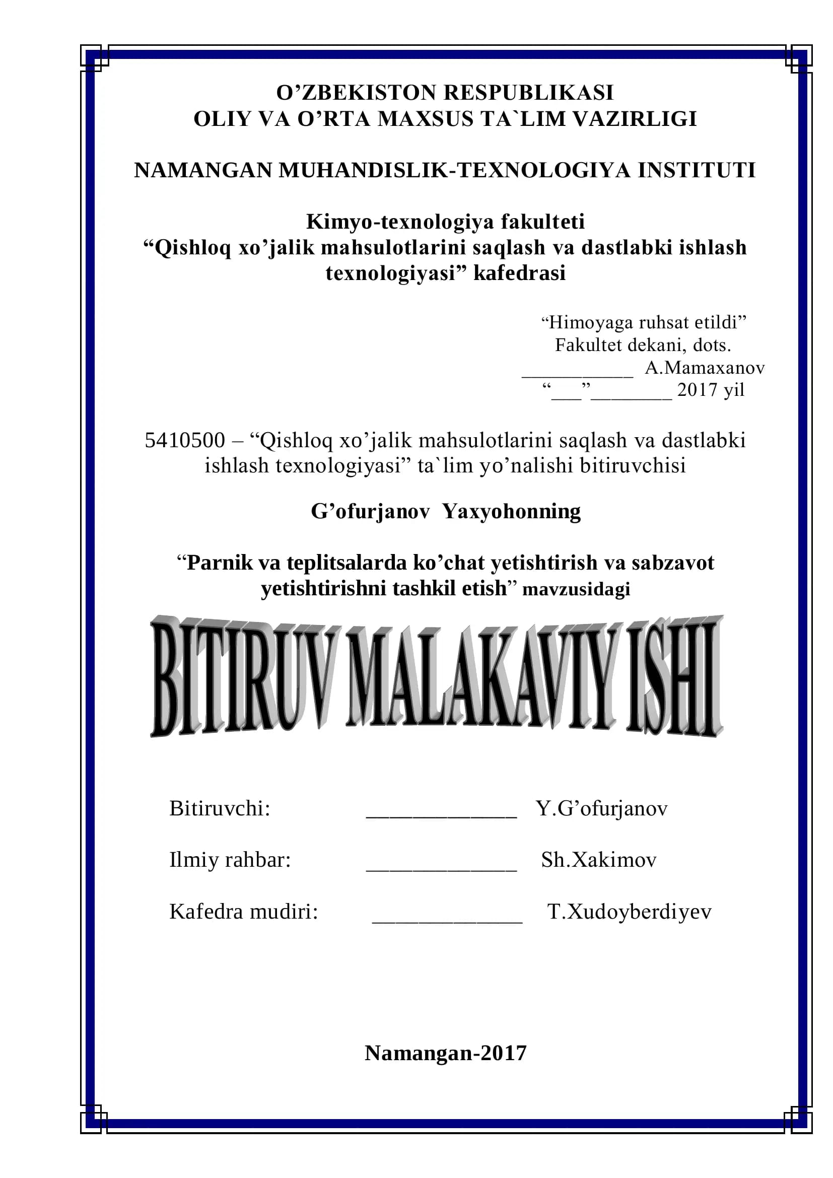 Qishloq xo'jalik mahsulotlarini saqlash va dastlabki ishlash texnologiyasi