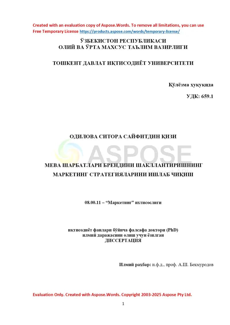 Meva sharbatlari brendini shakllantirishning marketing strategiyalarini ishlab chiqish