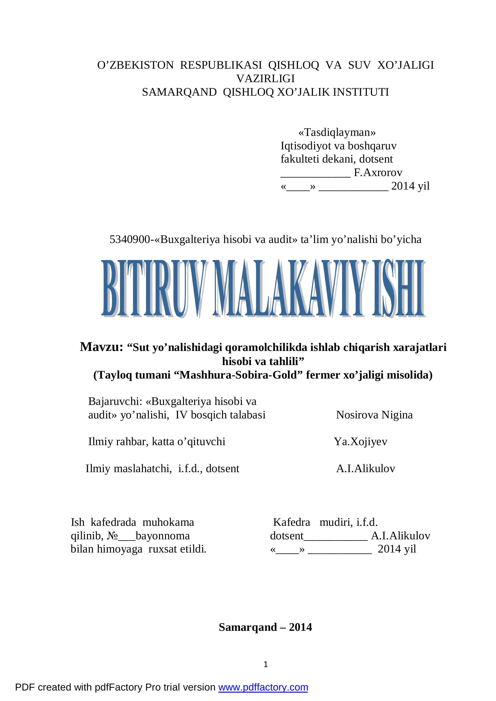 Sut yo’nalishidagi qoramolchilikda ishlab chiqarish xarajatlari hisobi va tahlili