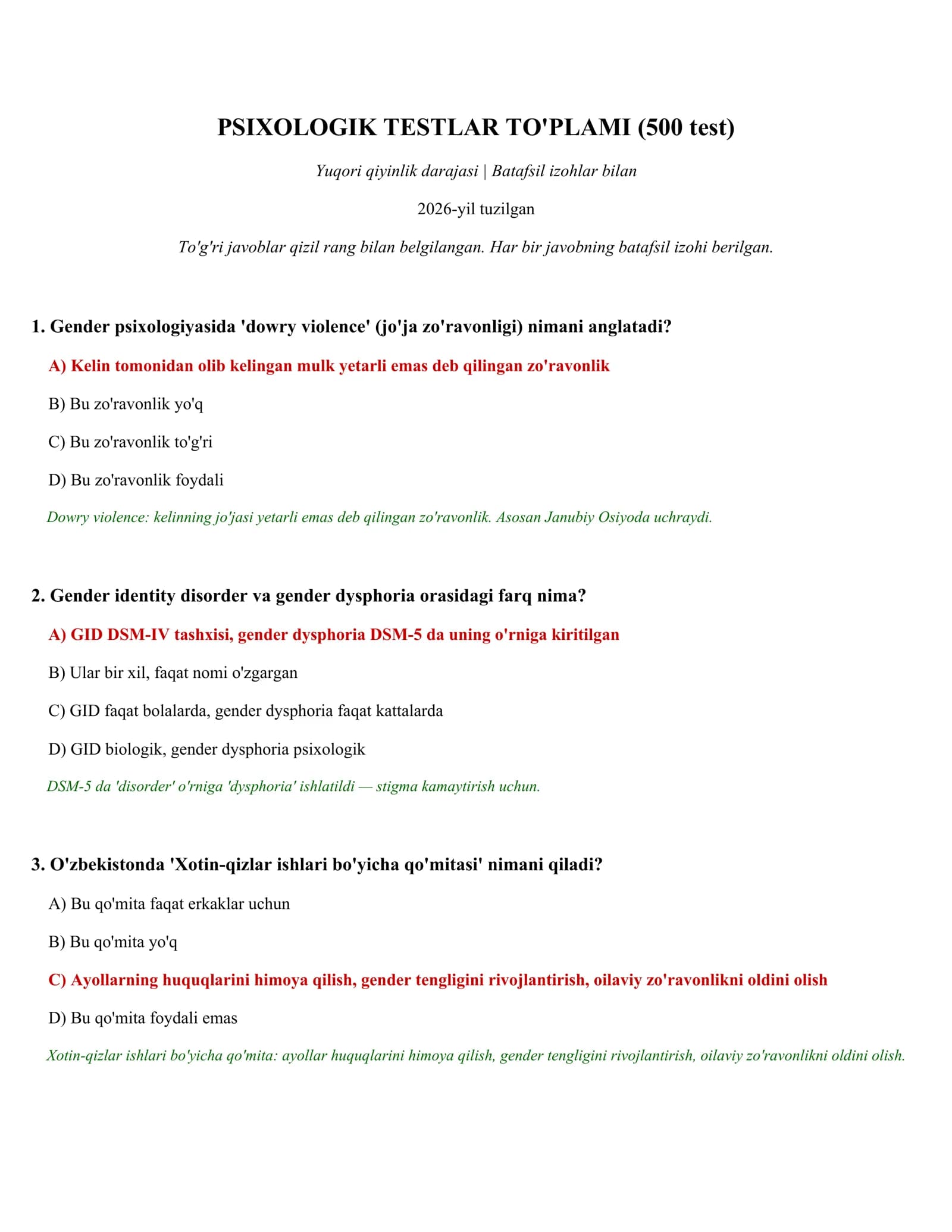 PSIXOLOGIK TESTLAR TO'PLAMI (500 test)