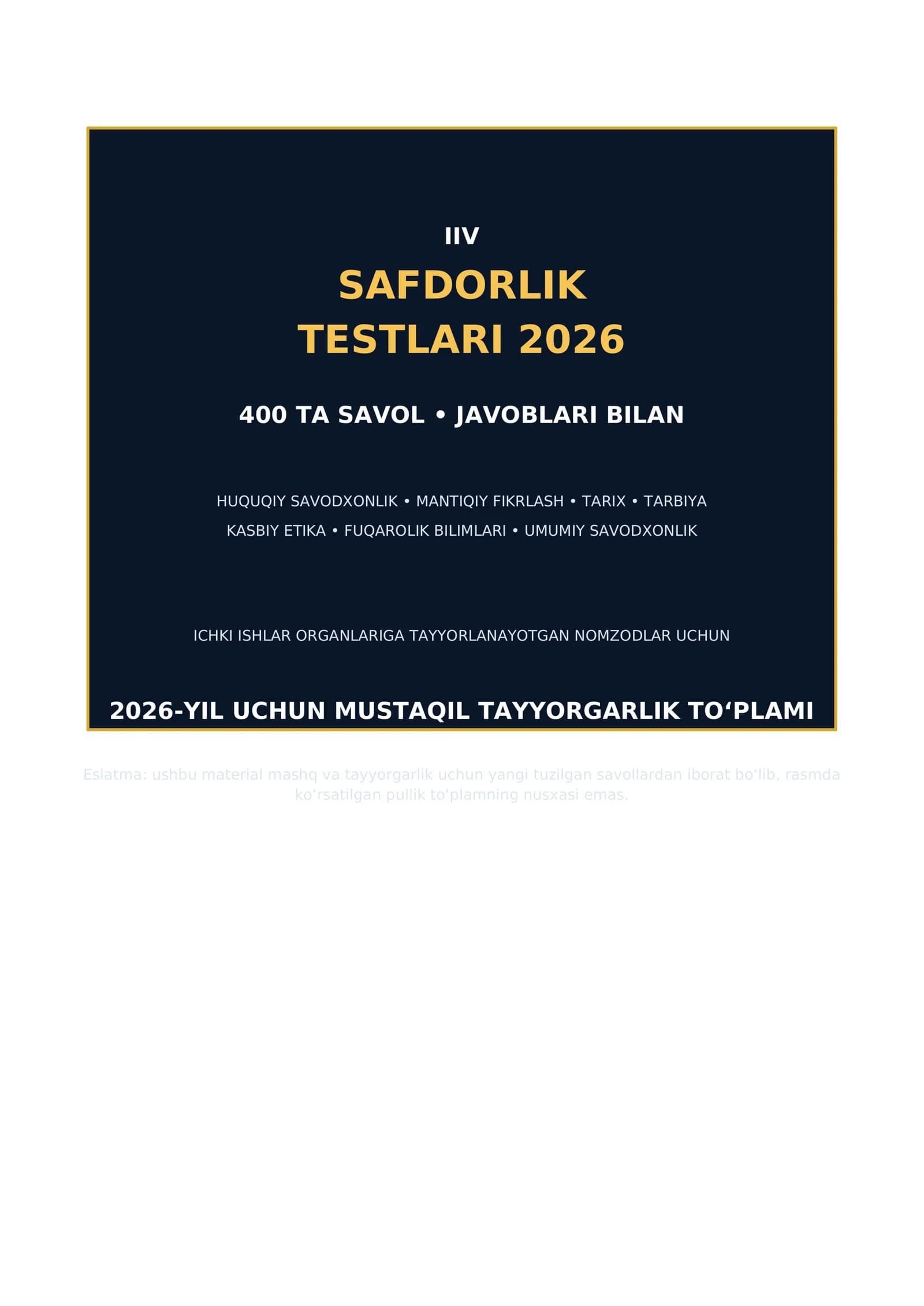 IIV SAFDORLIK TESTLARI 2026 Yangi javoblari bilan