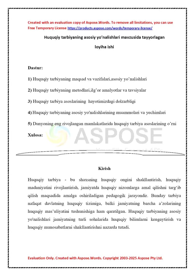 Huquqiy tarbiyaning asosiy yo’nalishlari