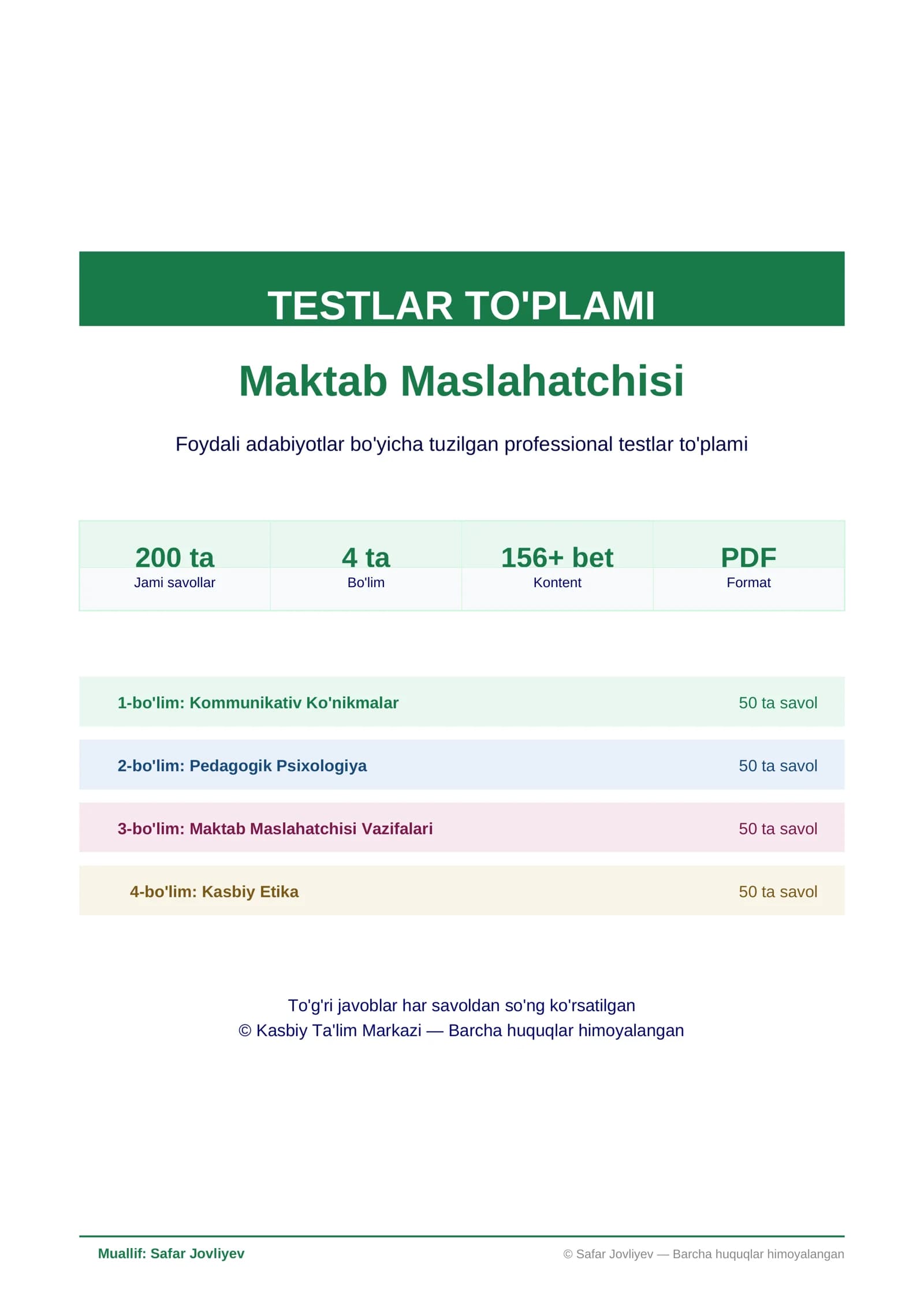 Testlar To'plami - Maktab Maslahatchisi"Yangi to'plam 2026 Mart