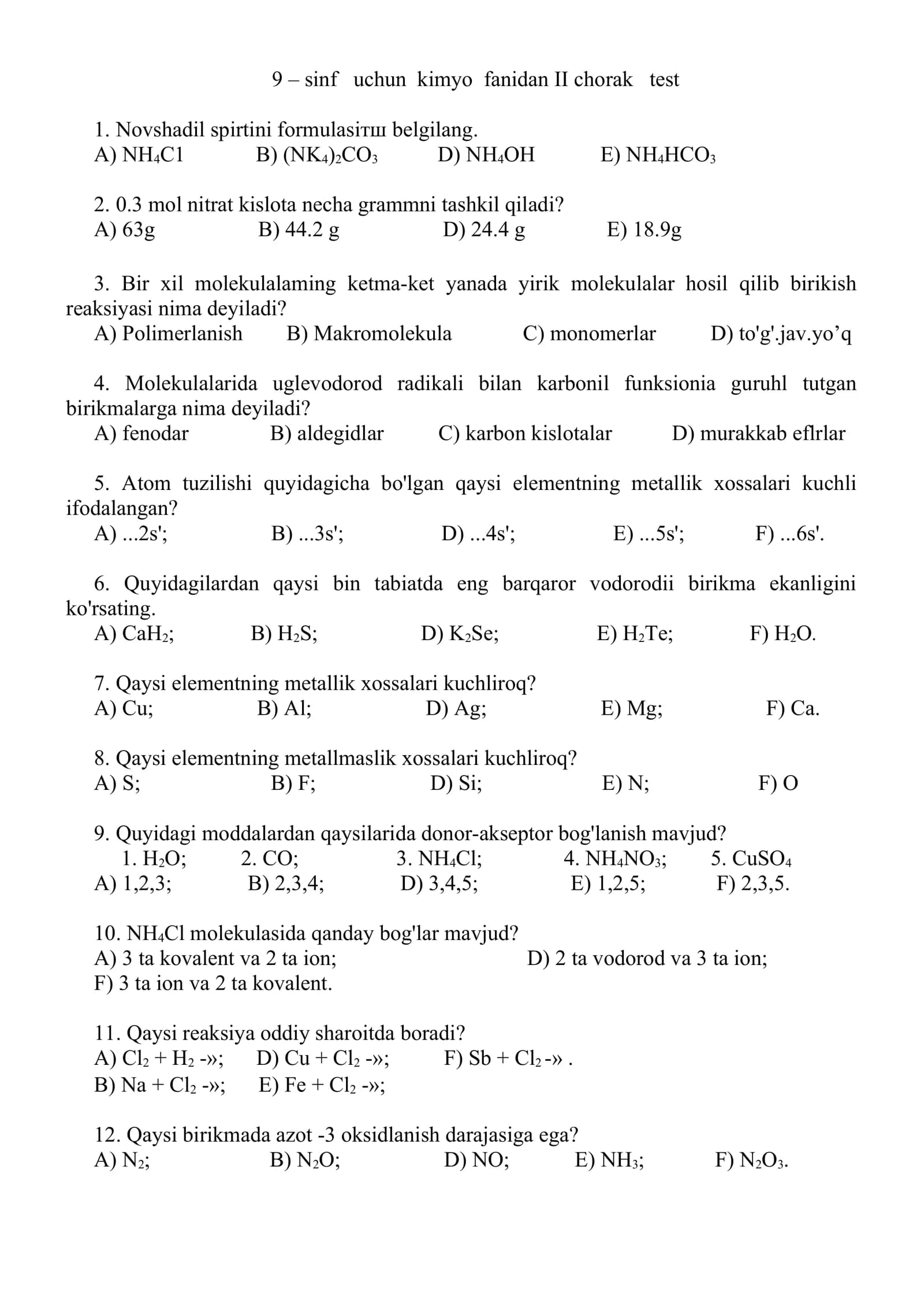 kimyo fanidan 9 sinf uchun testlar