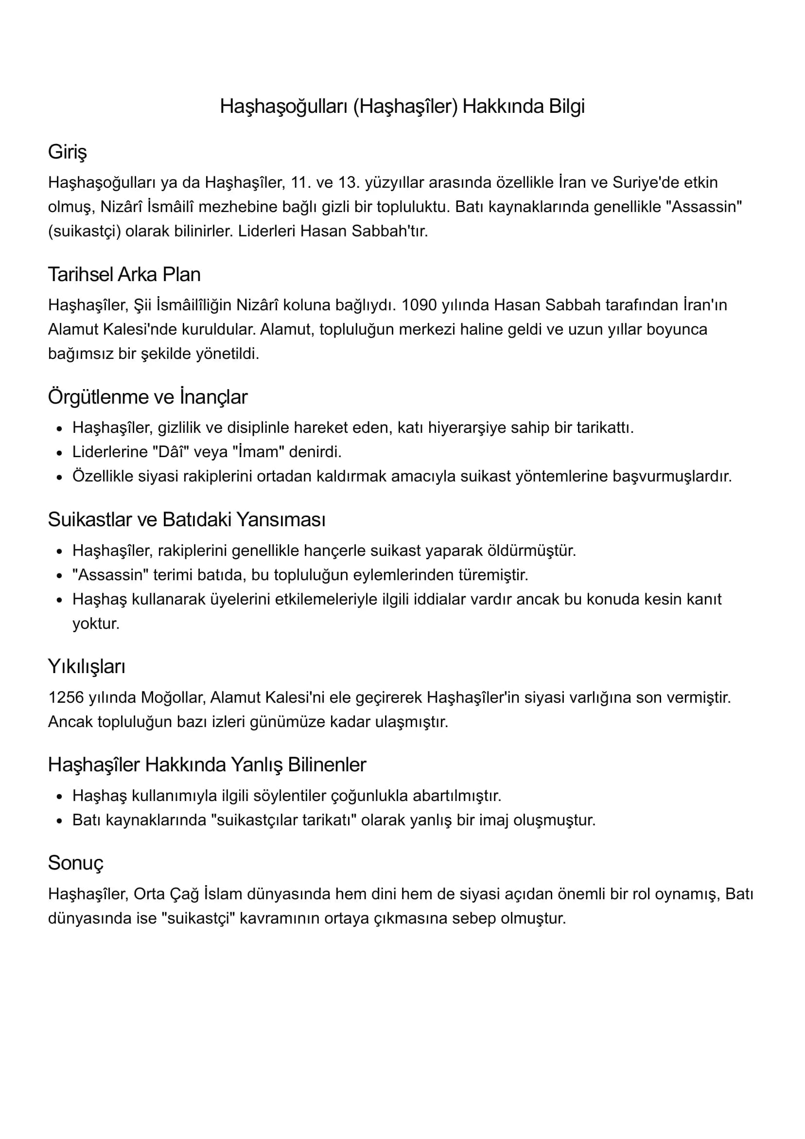Haşhaşoğulları (Haşhaşîler) Hakkında Bilgi