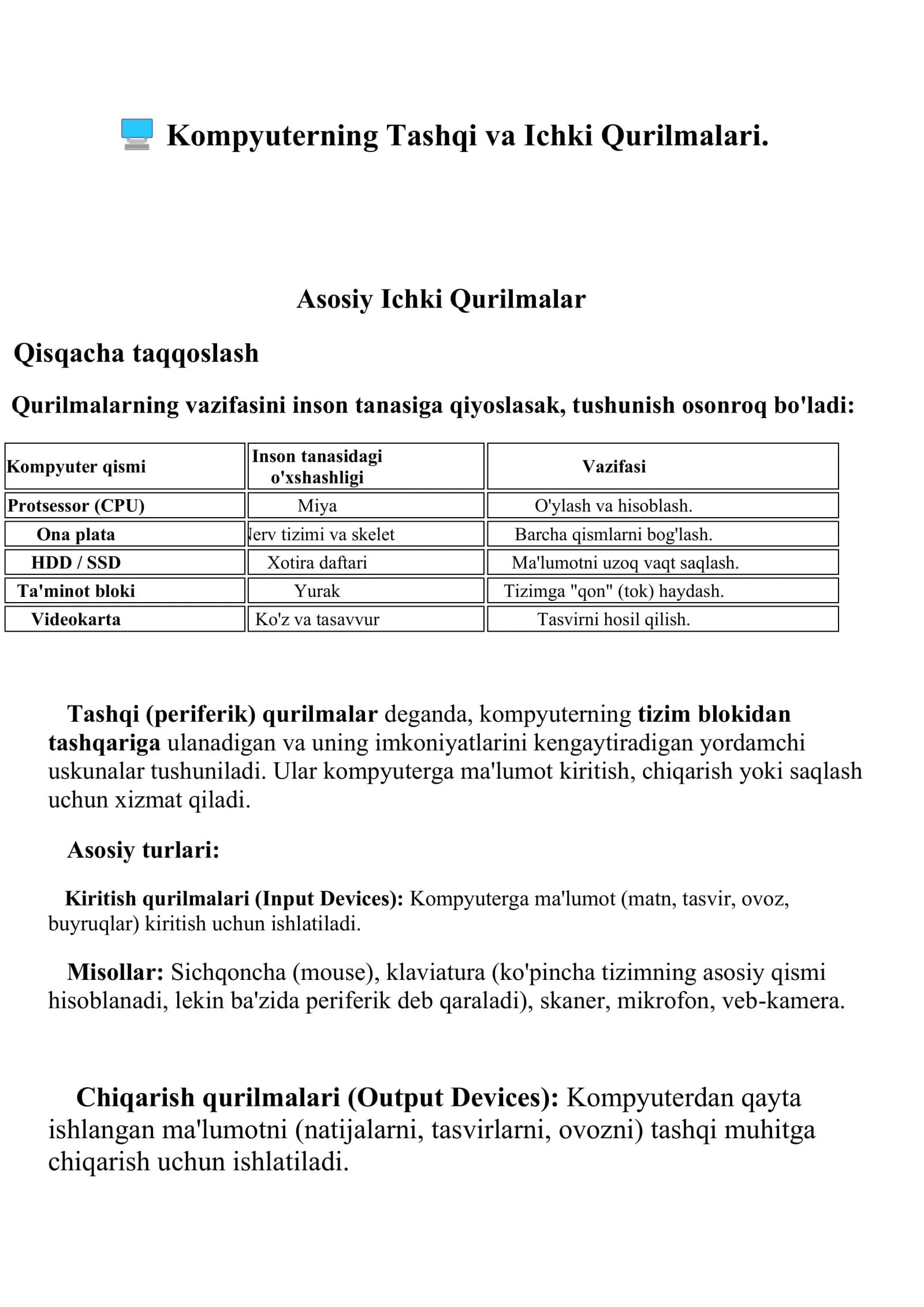 Kompyuterning Tashqi va Ichki Qurilmalari