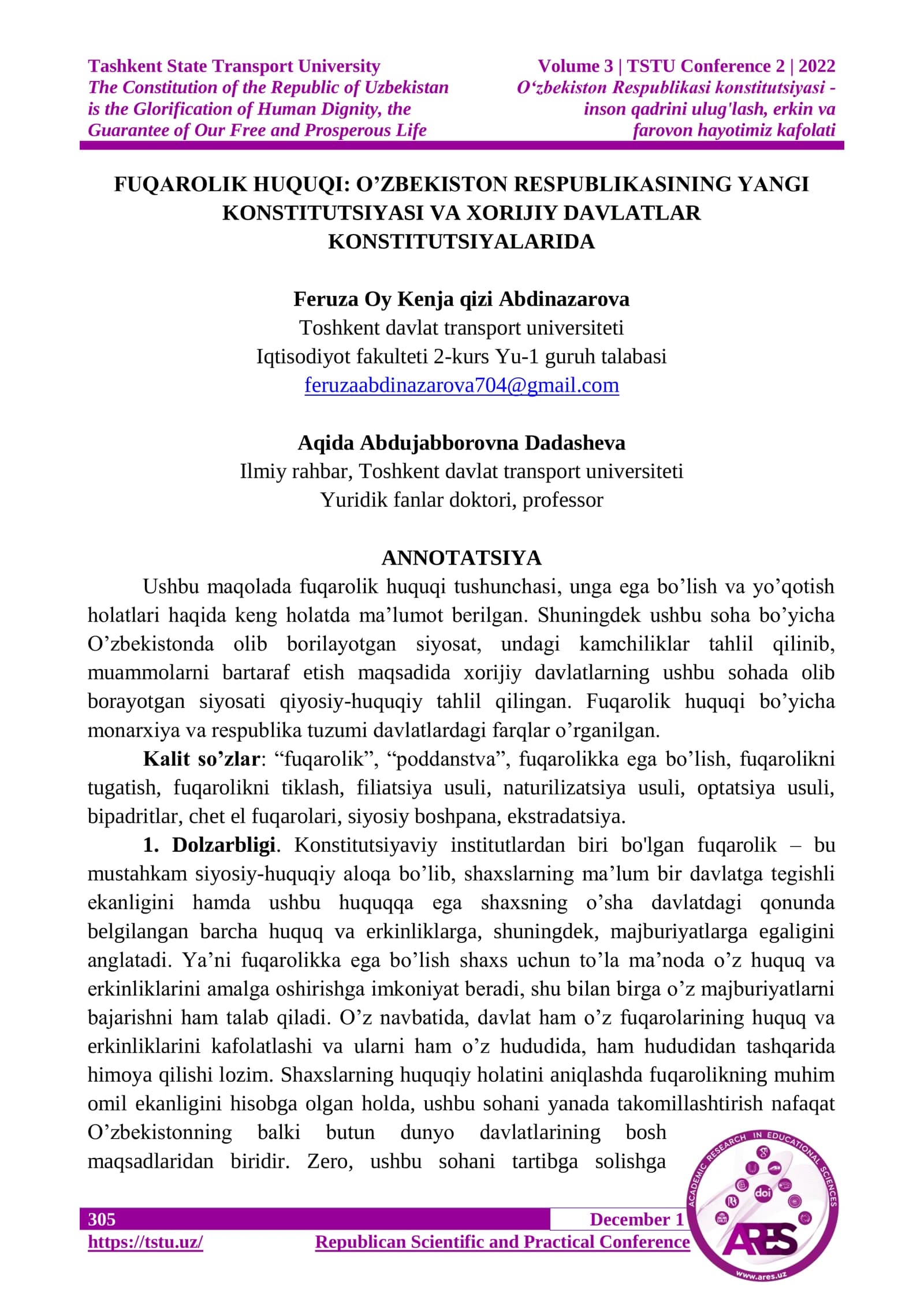 FUQAROLIK HUQUQI: O’ZBEKISTON RESPUBLIKASINING YANGI KONSTITUTSIYASI VA XORIJIY DAVLATLAR KONSTITUTSIYALARIDA