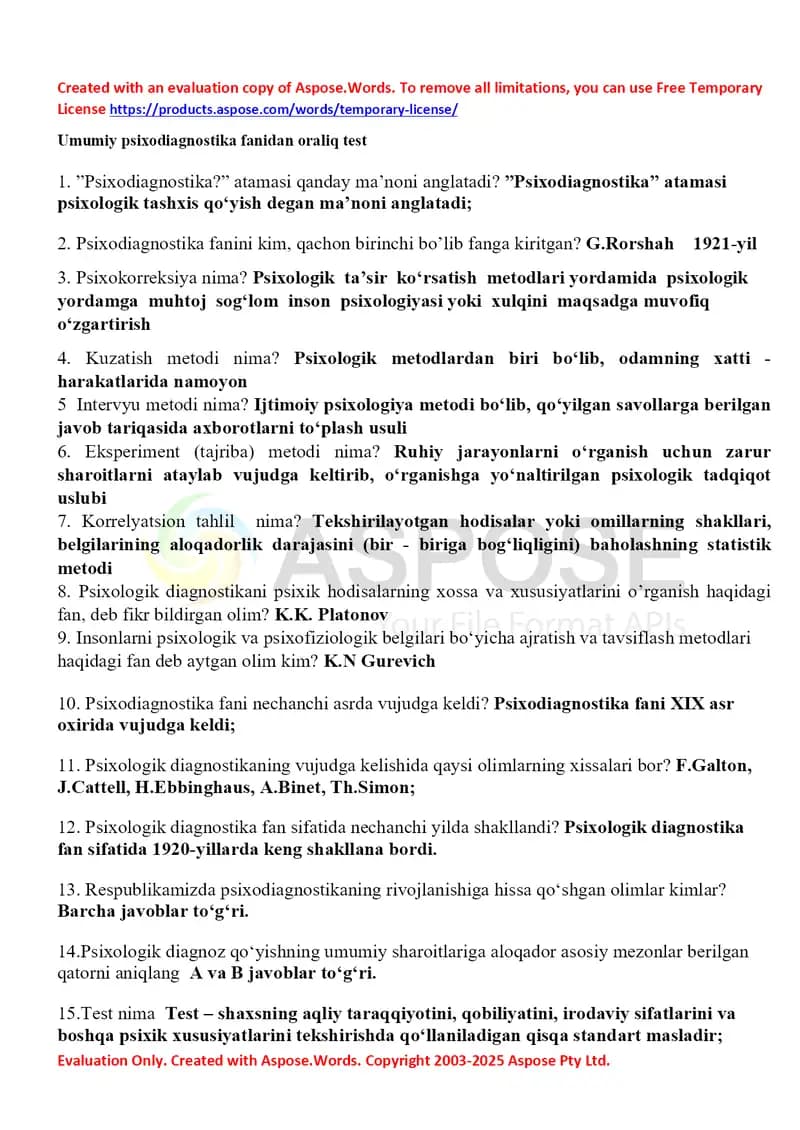 Umumiy psixodiagnostika fanidan oraliq test