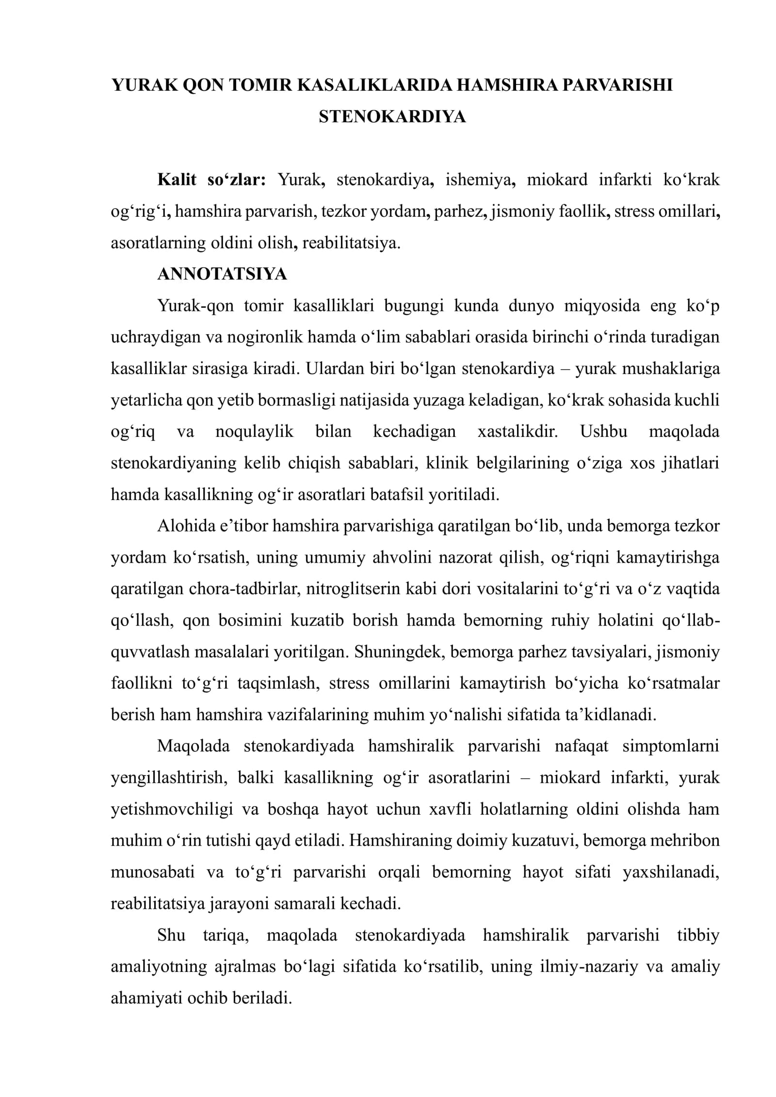 YURAK QON TOMIR KASALIKLARIDA HAMSHIRA PARVARISHI