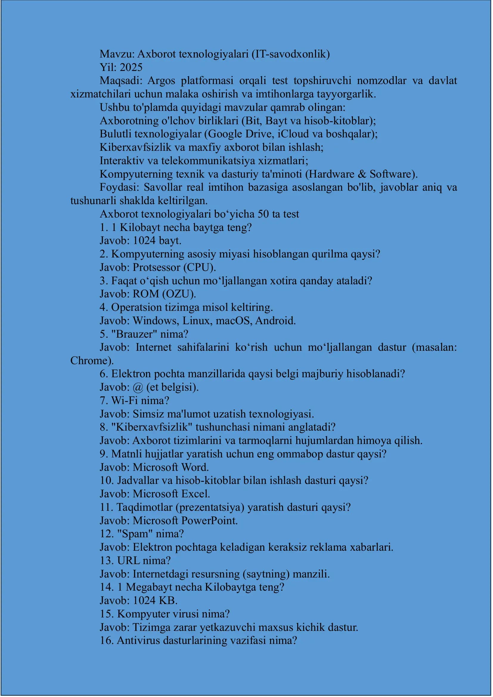 Axborot texnologiyalari (IT-savodxonlik)