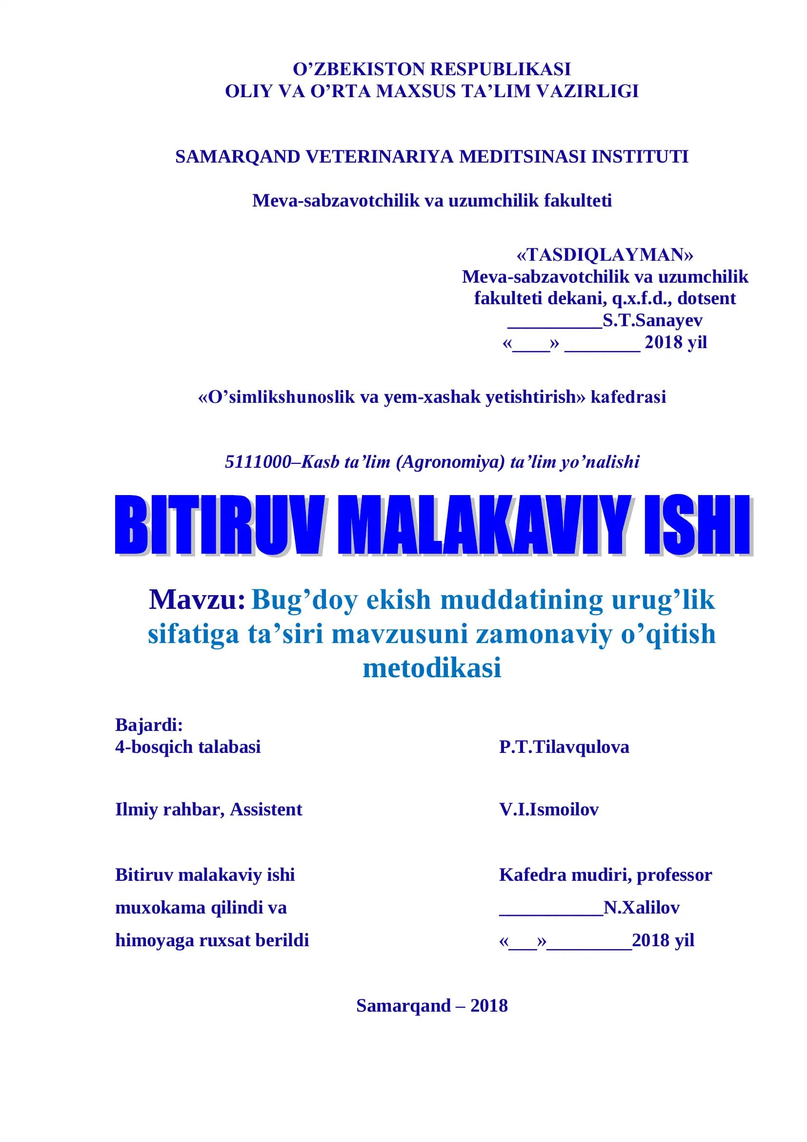 Bug’doy ekish muddatining urug’lik sifatiga ta’siri mavzusuni zamonaviy o’qitish metodikasi