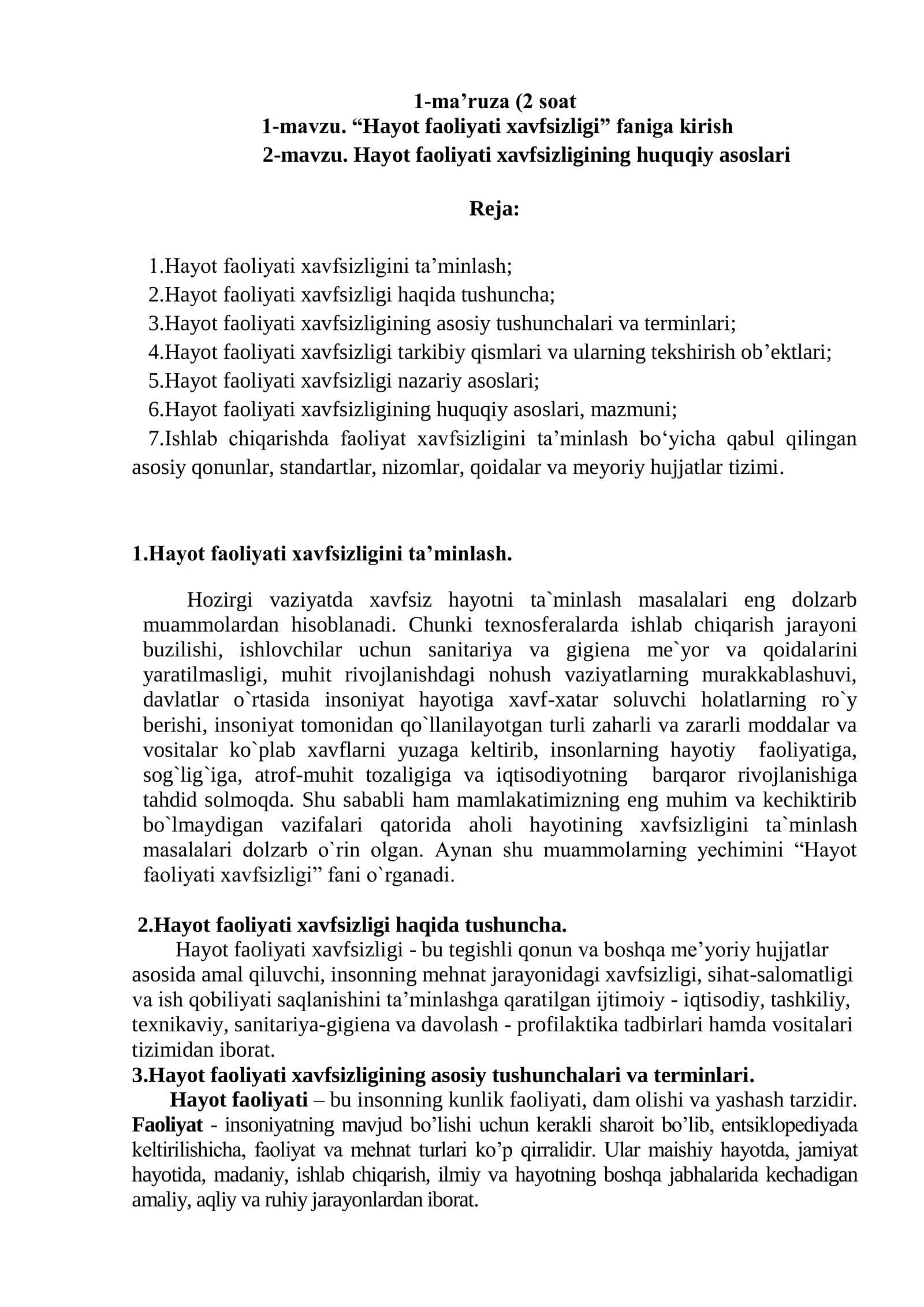 Hayot faoliyati xavfsizligining huquqiy asoslari