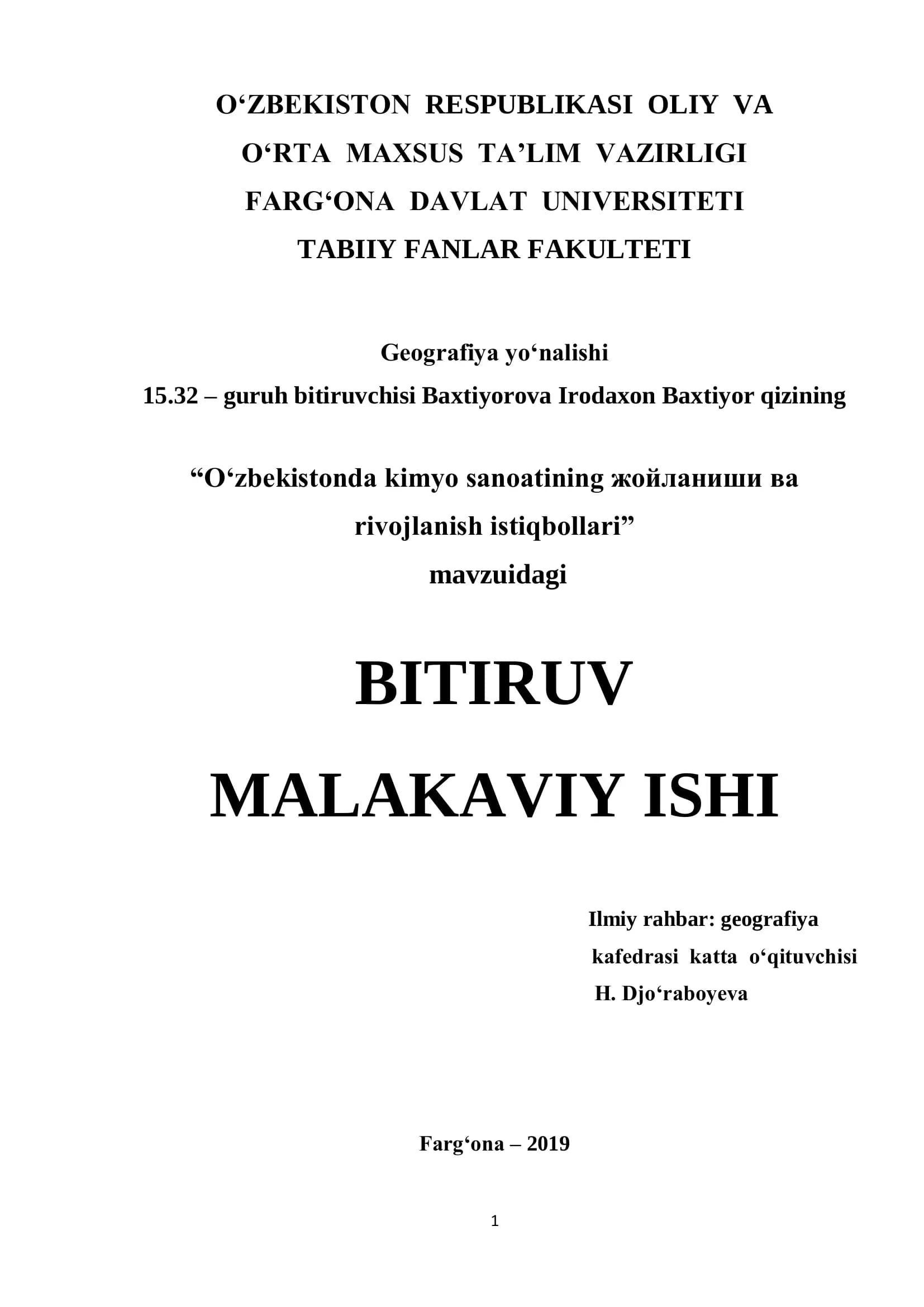 "O‘zbekistonda kimyo sanoatining жойlaniши вa rivojlanish istiqbollari" BITIRUV MALAKAVIY ISHI