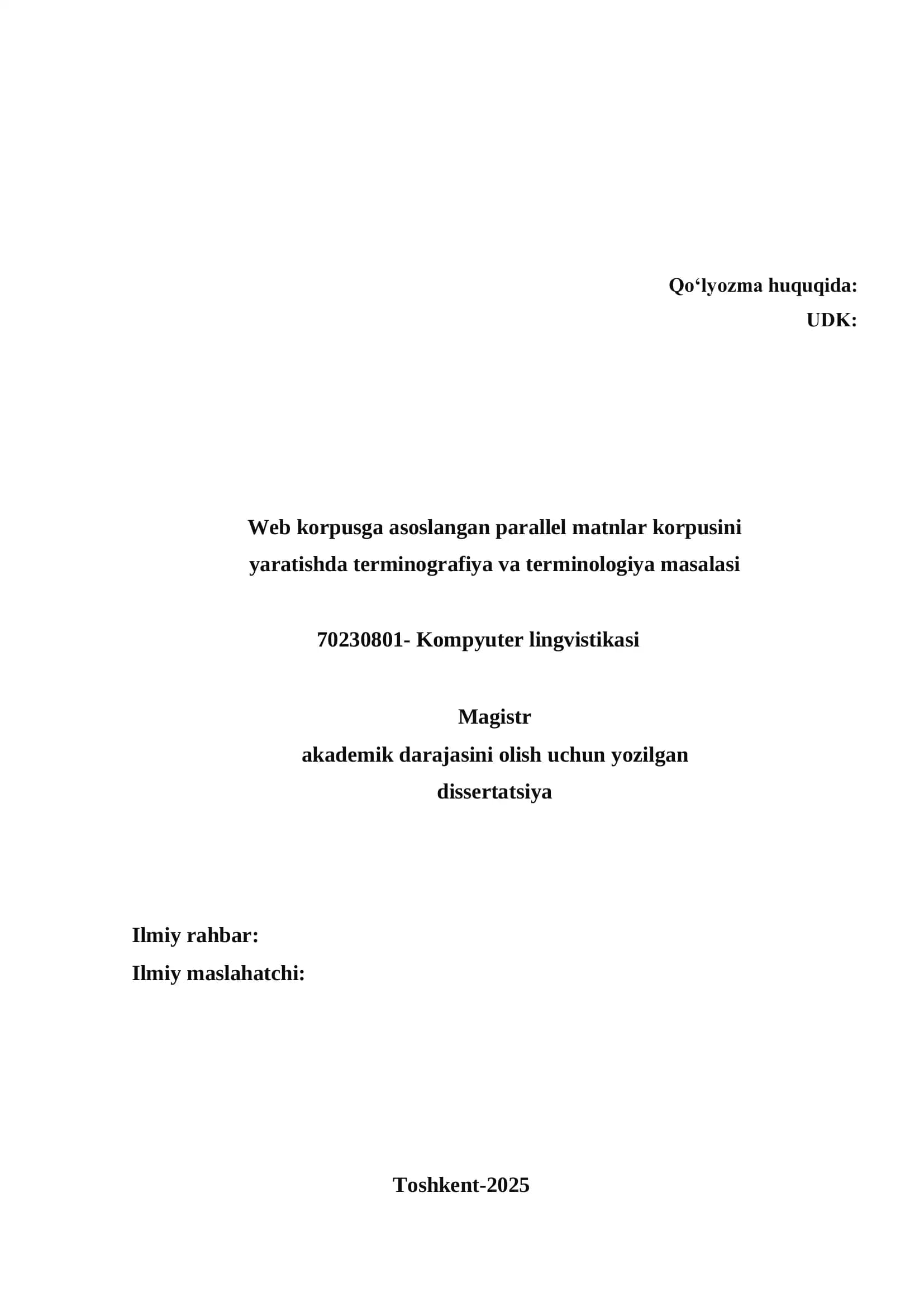 Web korpusga asoslangan parallel matnlar korpusini yaratishda terminografiya va terminologiya masalasi