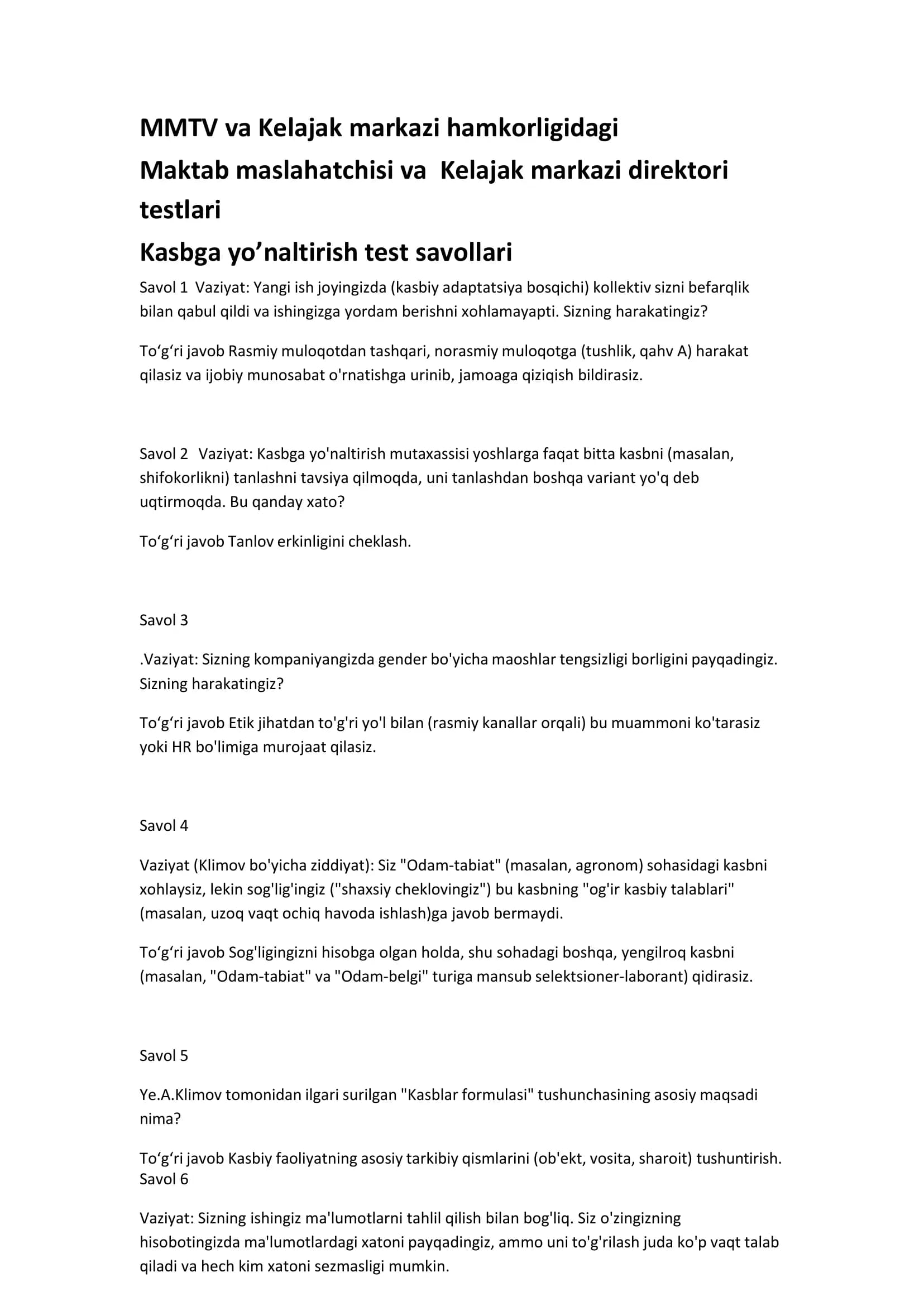 MMTV va Kelajak markazi hamkorligidagi Maktab maslahatchisi va Kelajak markazi direktori testlari
