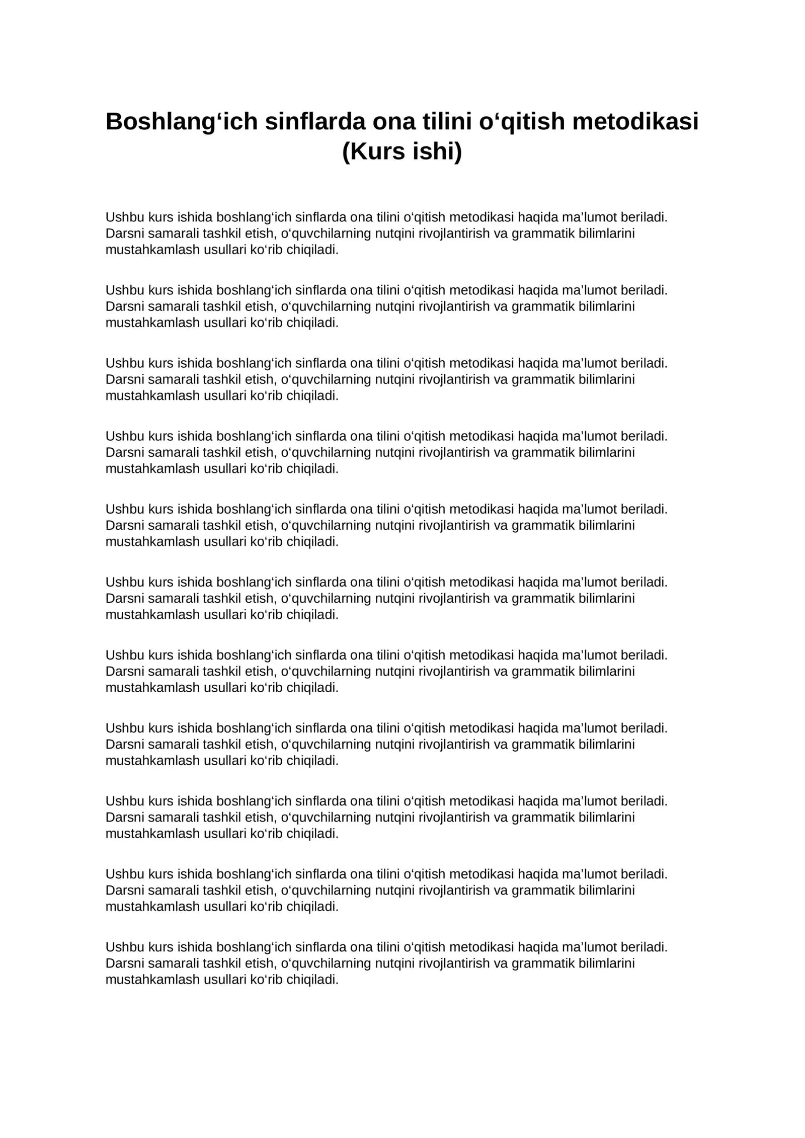 Boshlangʻich sinflarda ona tilini oʻqitish metodikasi (kurs ishi PDF)