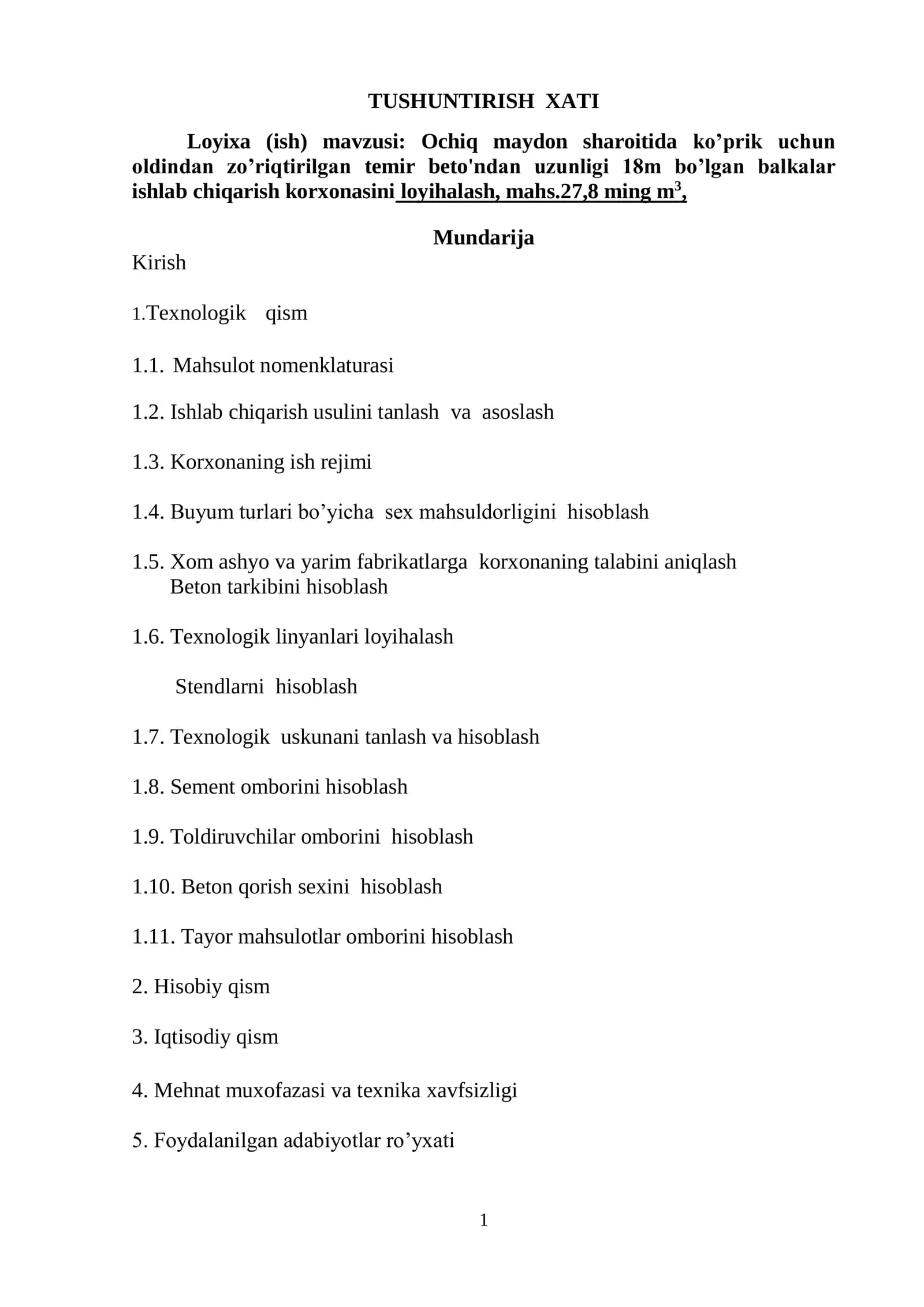 ochiq maydon sharoitida korxona loyihalash