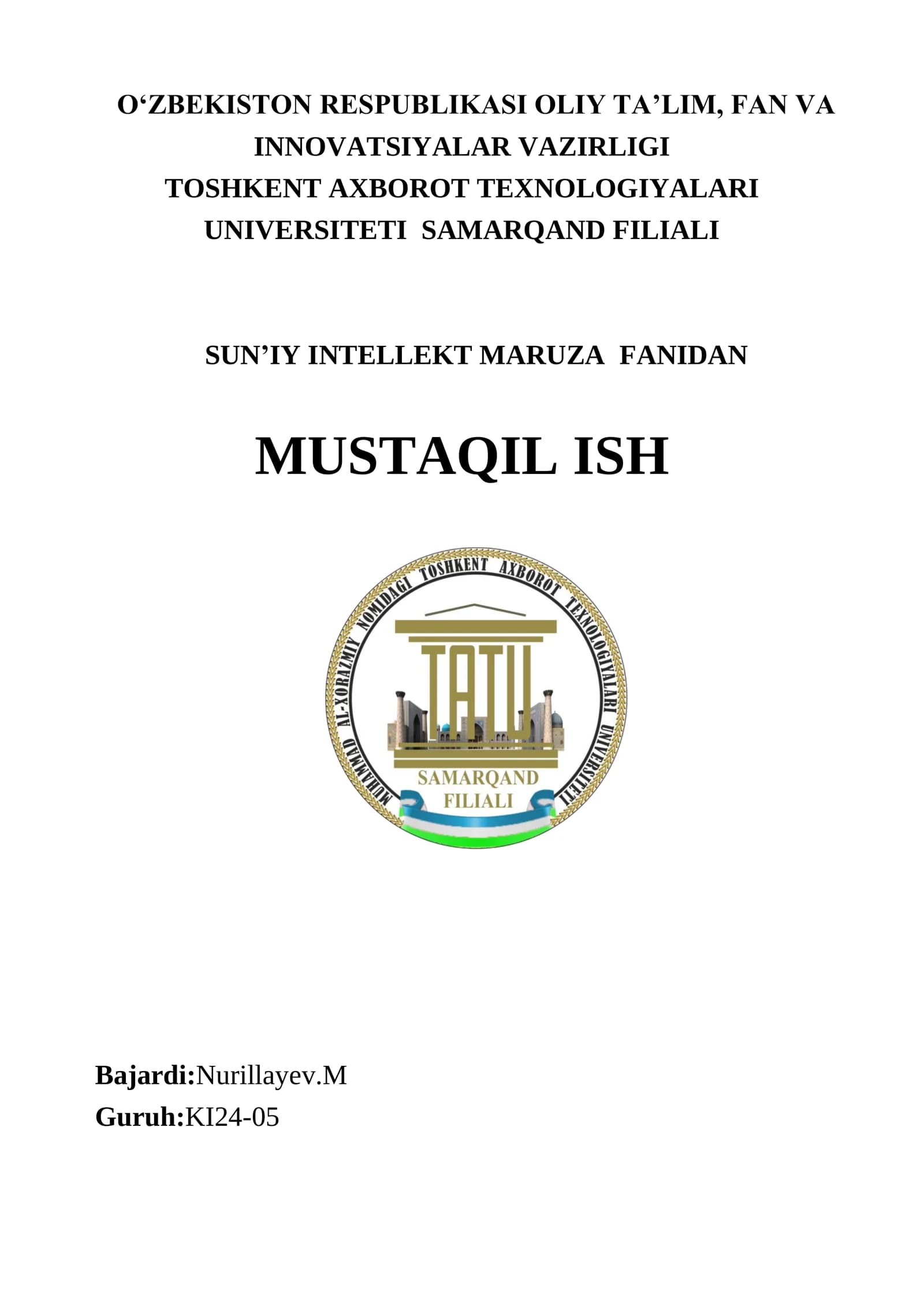 SUN’IY INTELLEKT MARUZA FANIDAN MUSTAQIL ISH