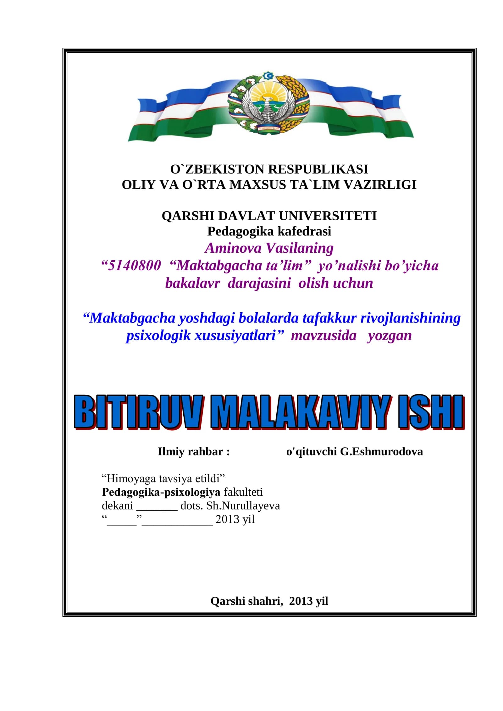 Maktabgacha ta’lim yo’nalishi bo’yicha