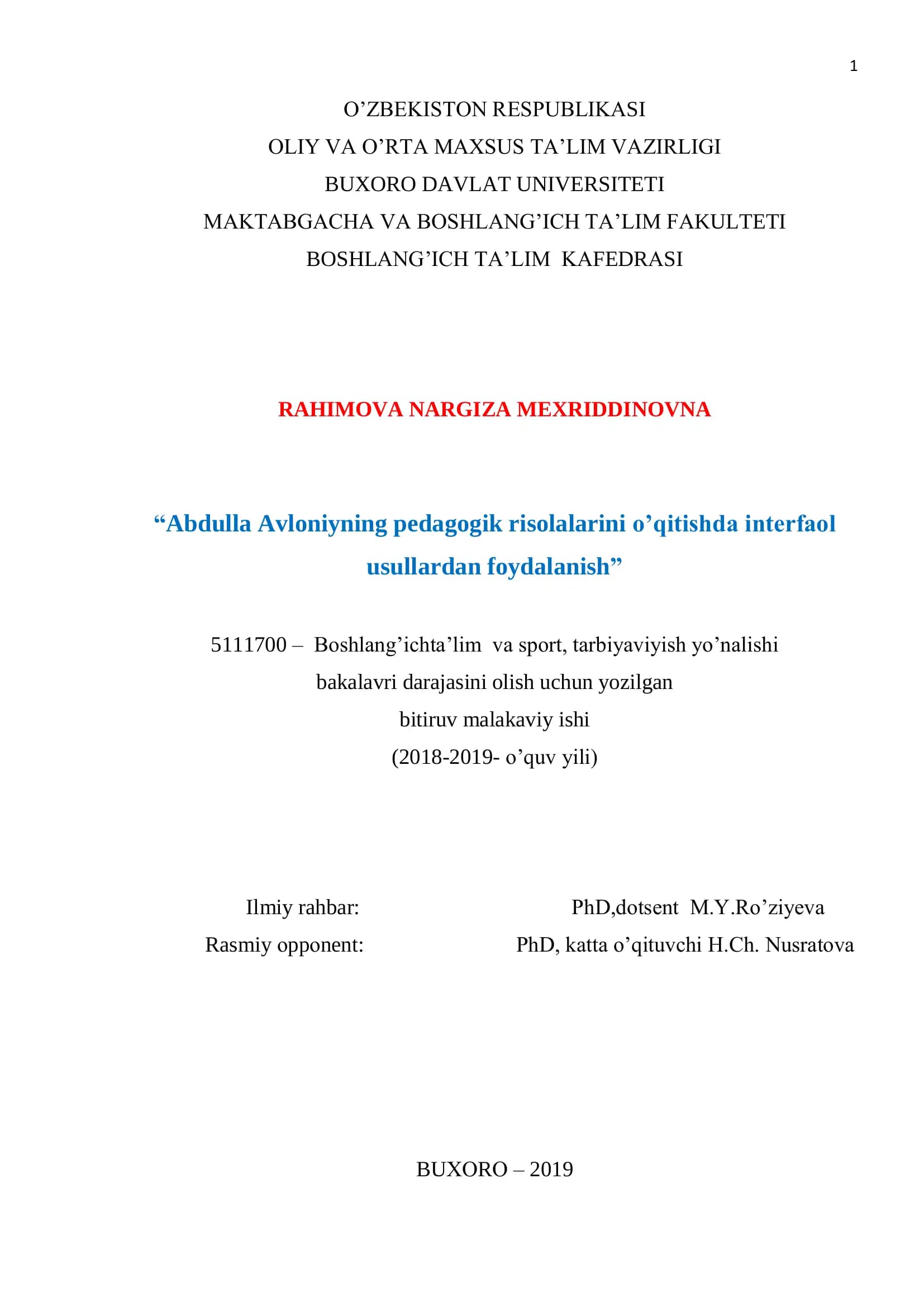 Abdulla Avloniyning pedagogik risolalarini o’qitishda interfaol usullardan foydalanish