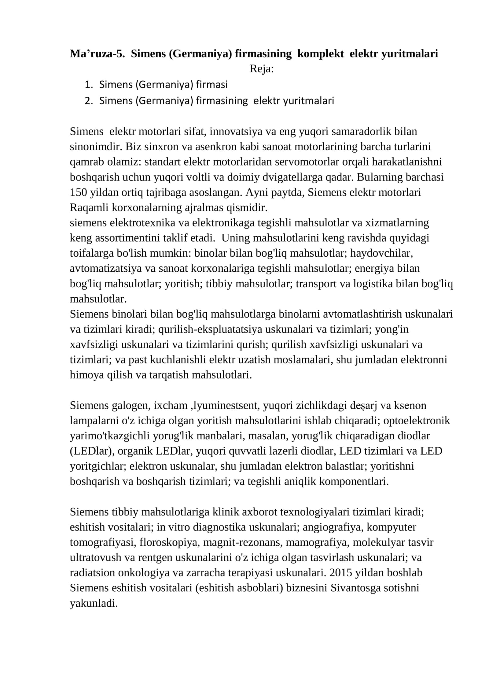 Simens (Germaniya) firmasining komplekt elektr yuritmalari