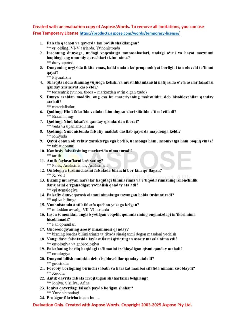 Falsafa savollari va javoblari taqdimoti