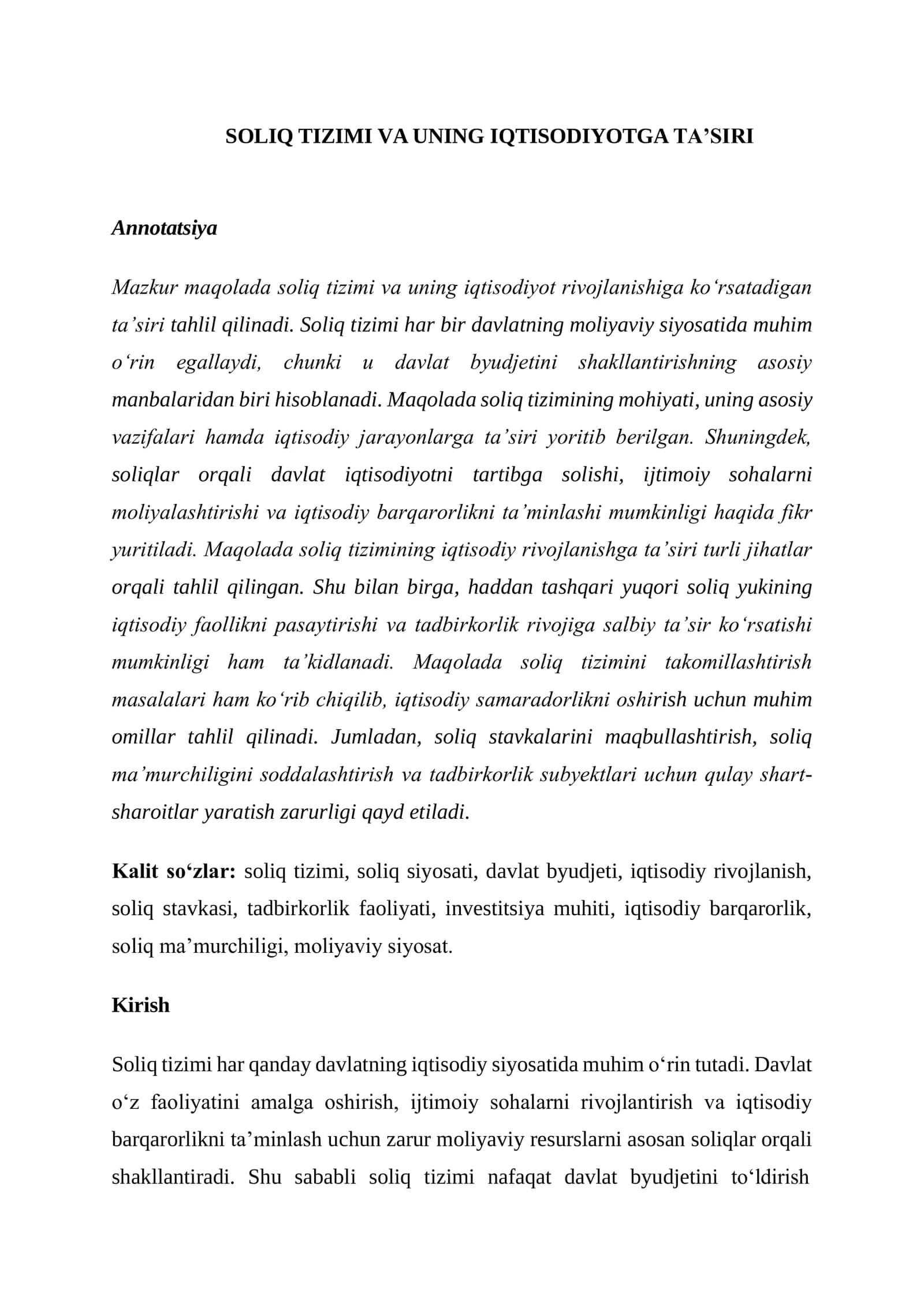 SOLIQ TIZIMI VA UNING IQTISODIYOTGA TA’SIRI