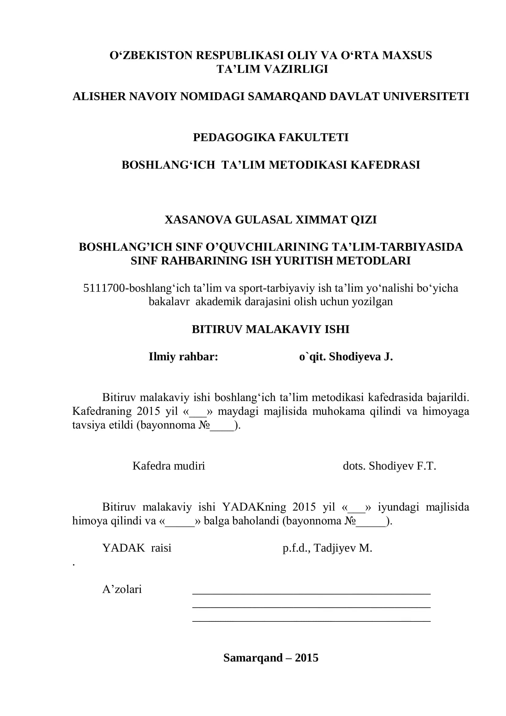 Boshlang‘ich Sinf O‘quvchilarining Ta‘lim-Tarbiyasida Sinf Rahbarining Ish Yuritish Metodlari