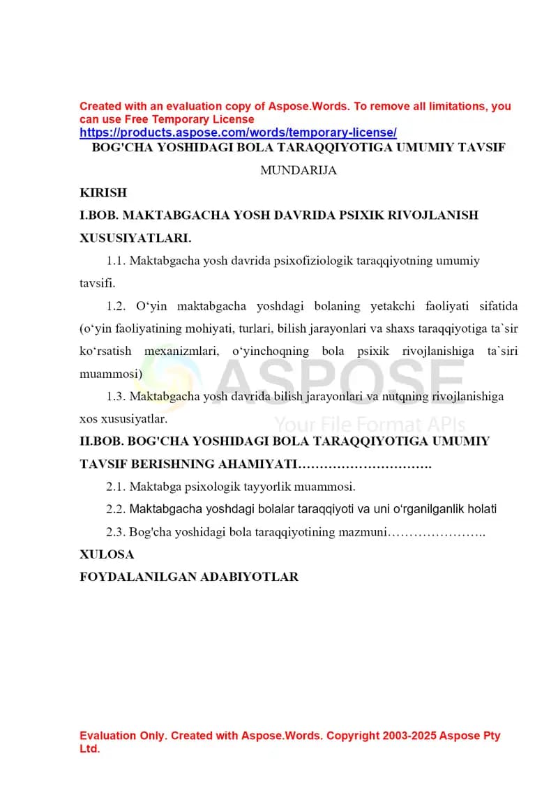 Kurs ish: Maktabgacha yoshdagi bola taraqqiyotini umumiy tavsif