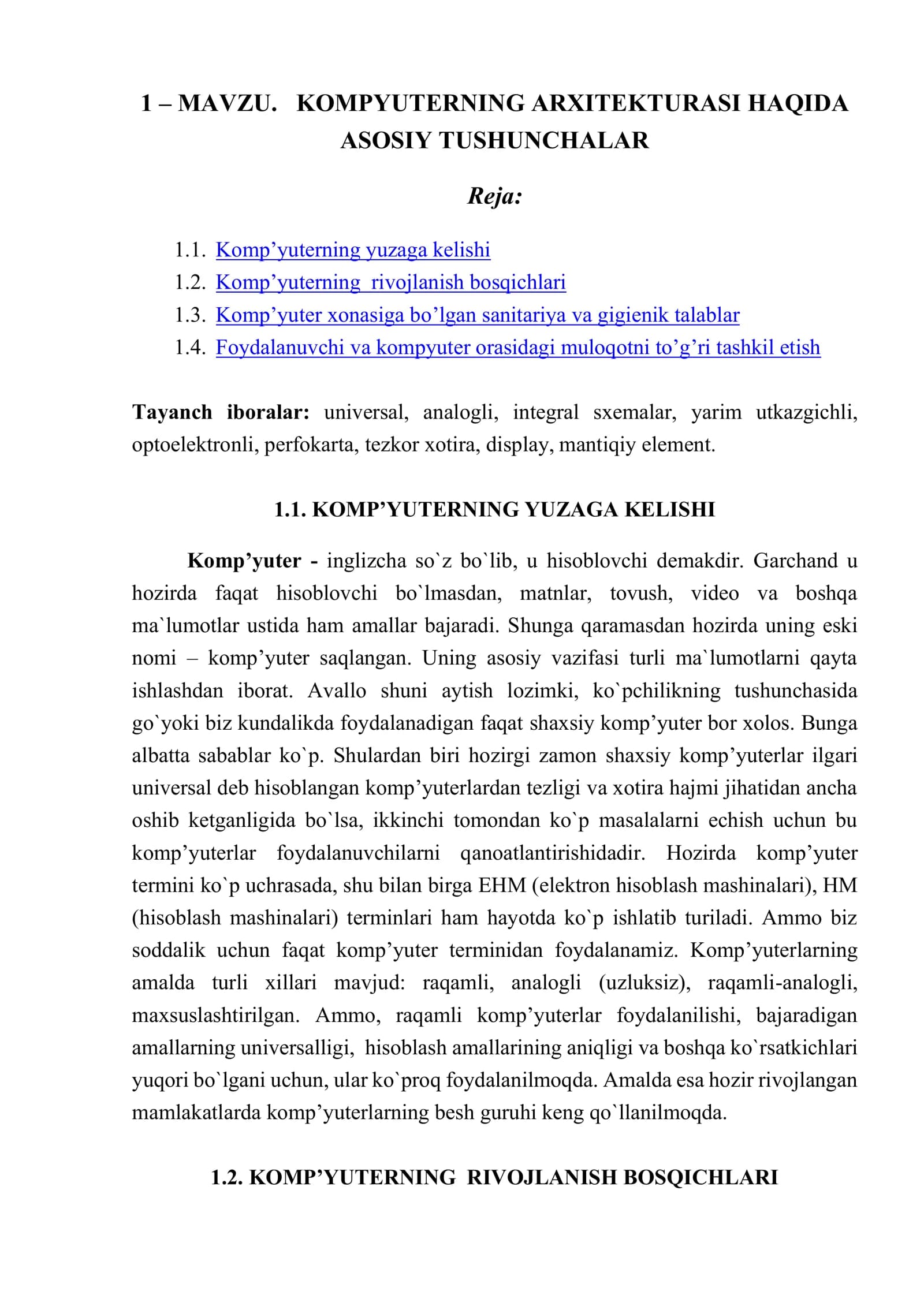 KOMPYUTERNING ARXITEKTURASI HAQIDA ASOSIY TUSHUNCHALAR