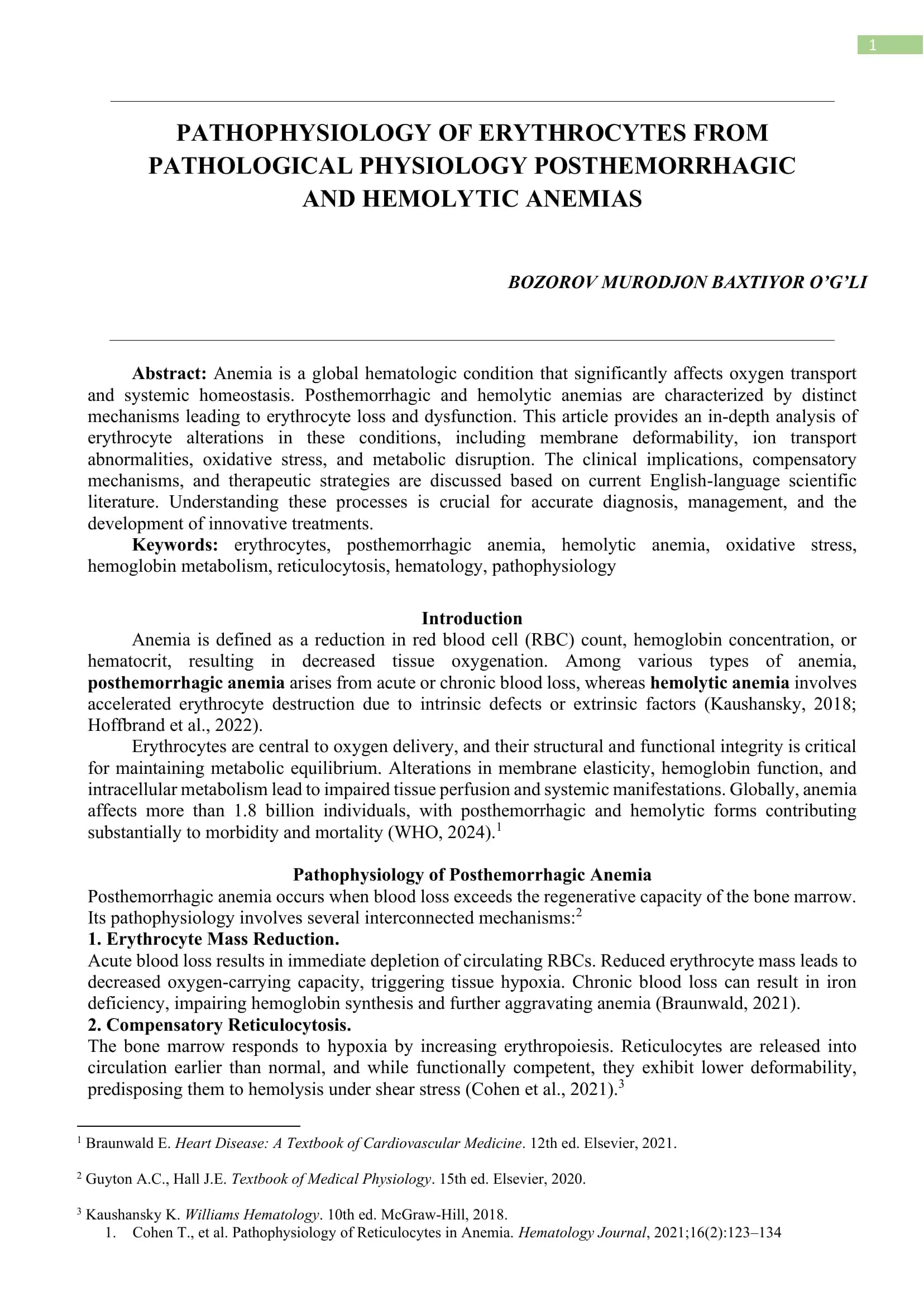 PATHOPHYSIOLOGY OF ERYTHROCYTES FROM PATHOLOGICAL PHYSIOLOGY POSTHEMORRHAGIC AND HEMOLYTIC ANEMIAS