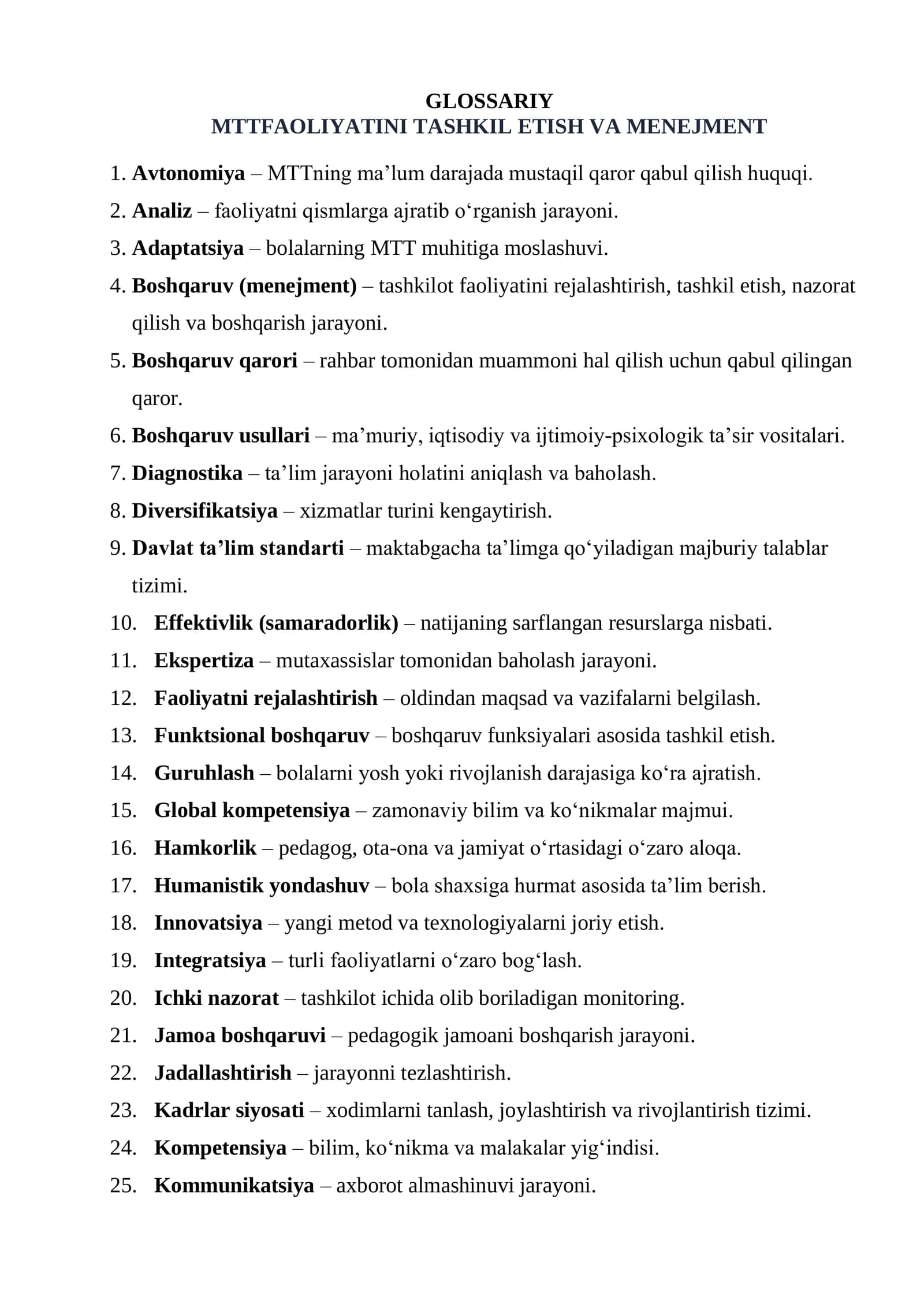 MTTFAOLIYATINI TASHKIL ETISH VA MENEJMENT