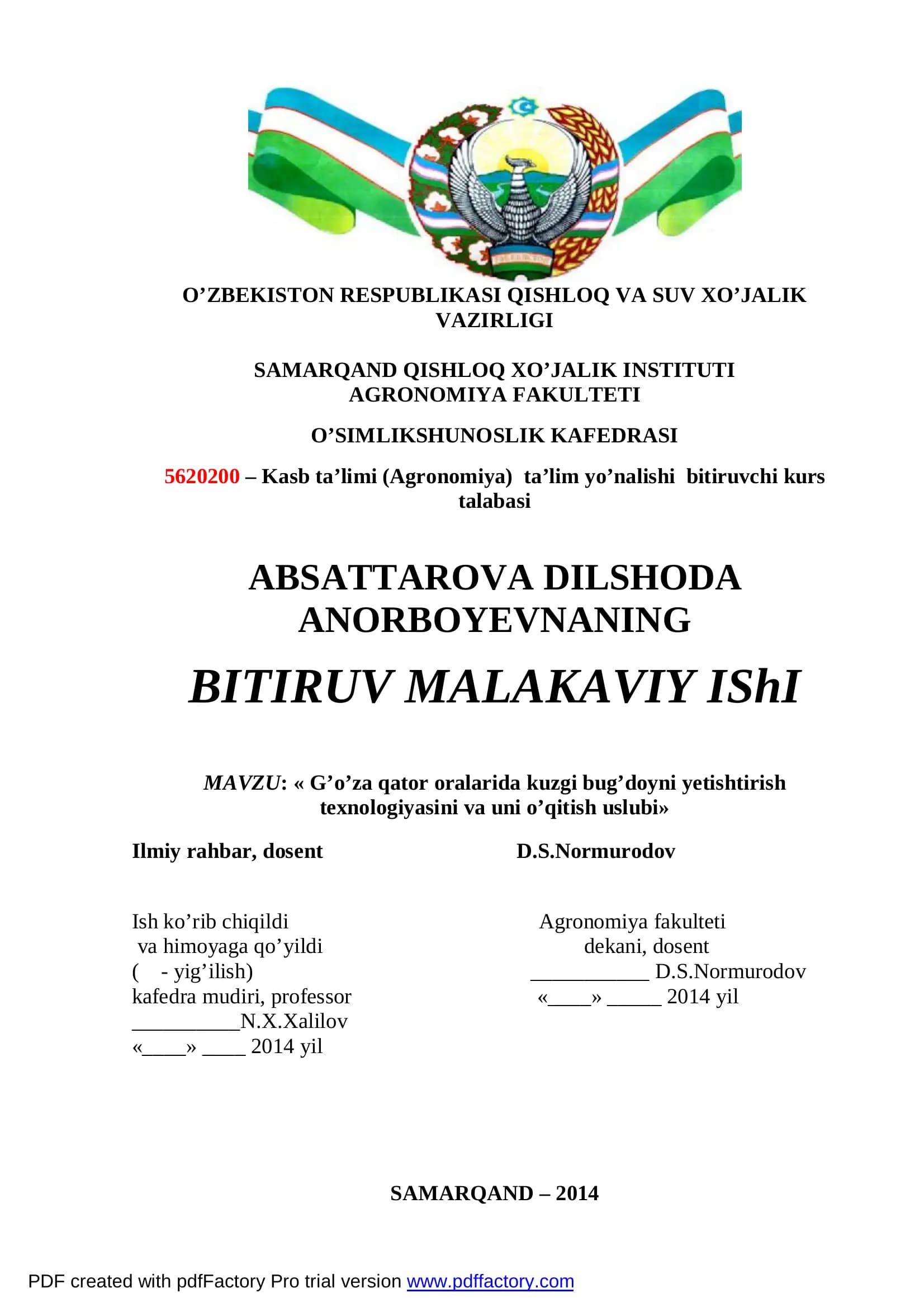 G’o’za qator oralarida kuzgi bug’doyni yetishtirish texnologiyasini va uni o’qitish uslubi